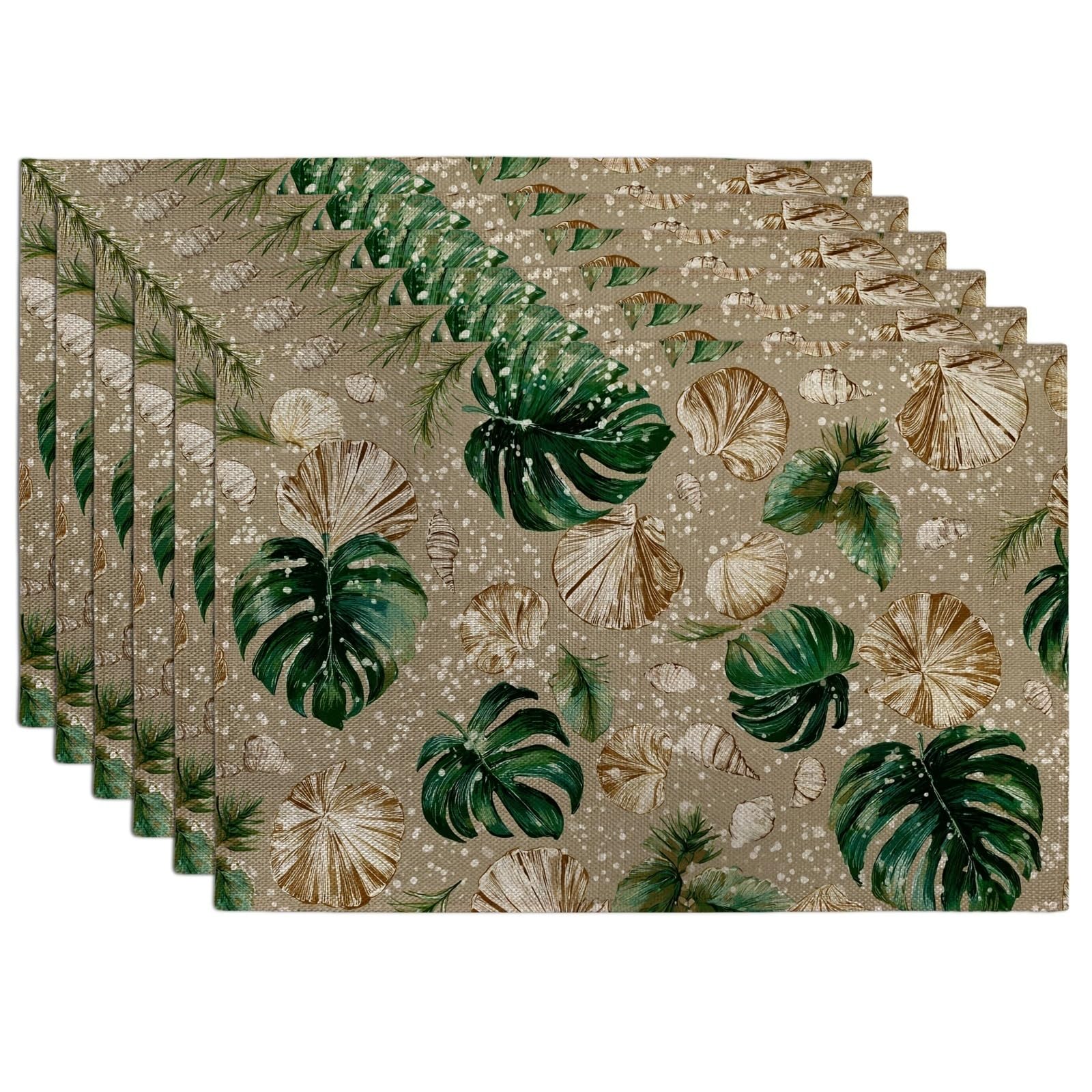 Tropical Green Leaves Placemats, Beige Natural Botanical Place mats for Dining Table, Non-Slip Washable Indoor Outdoor Event Decorative Placemat Set of 6