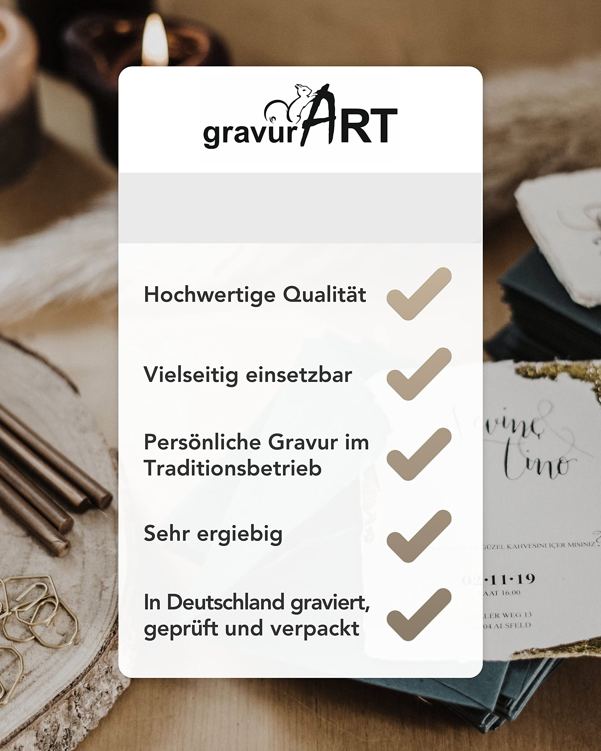 gravurART Siegelstempel personalisiert mit 3 Initialen - Deine Einladungen zur Hochzeit oder Save the Date mit Wachssiegel personalisiert in Schreibschrift - incl. Siegelwachs