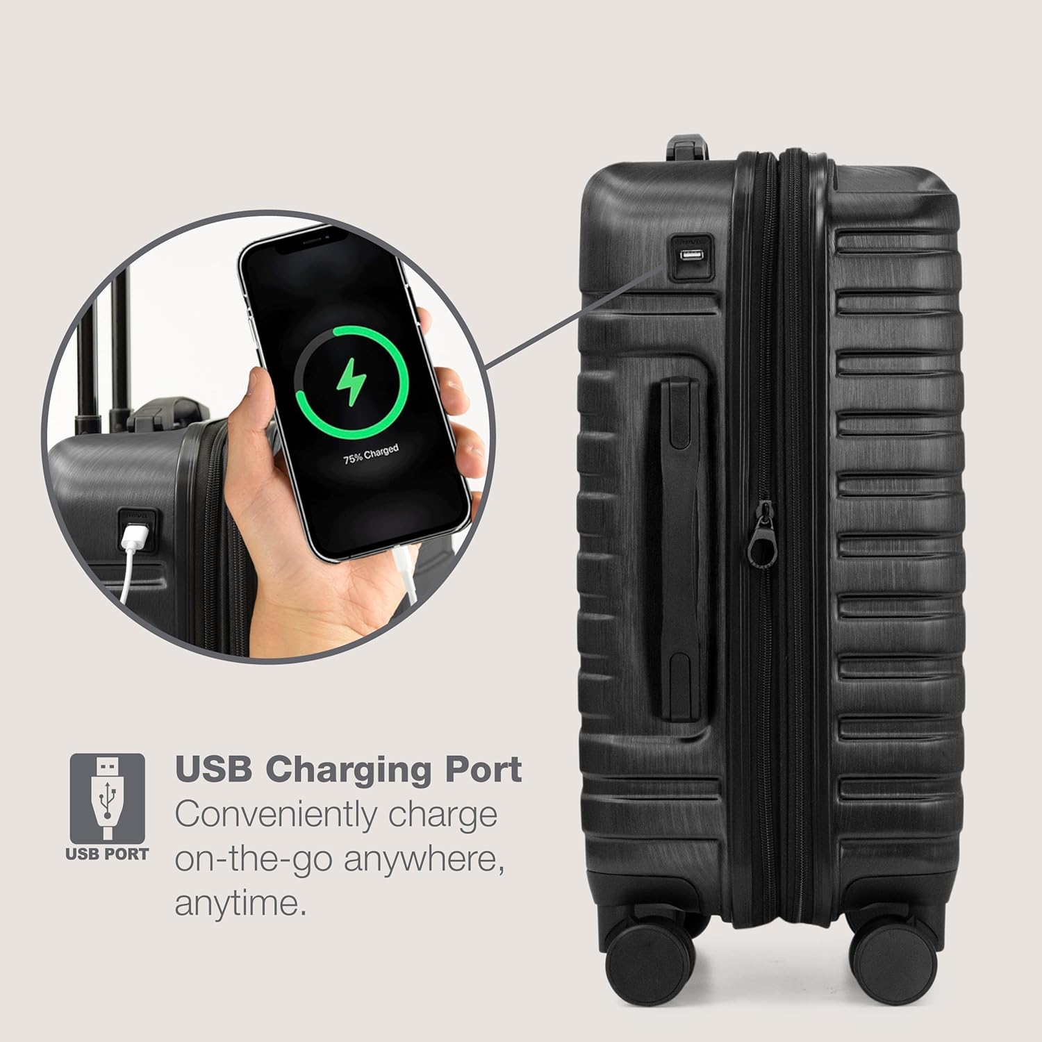 U.S. Traveler Boren Polycarbonate Hardside Rugged Travel Suitcase Luggage with 8 Spinner Wheels, Aluminum Handle, Carry-on 22-Inch, USB Port, Black - Image 4