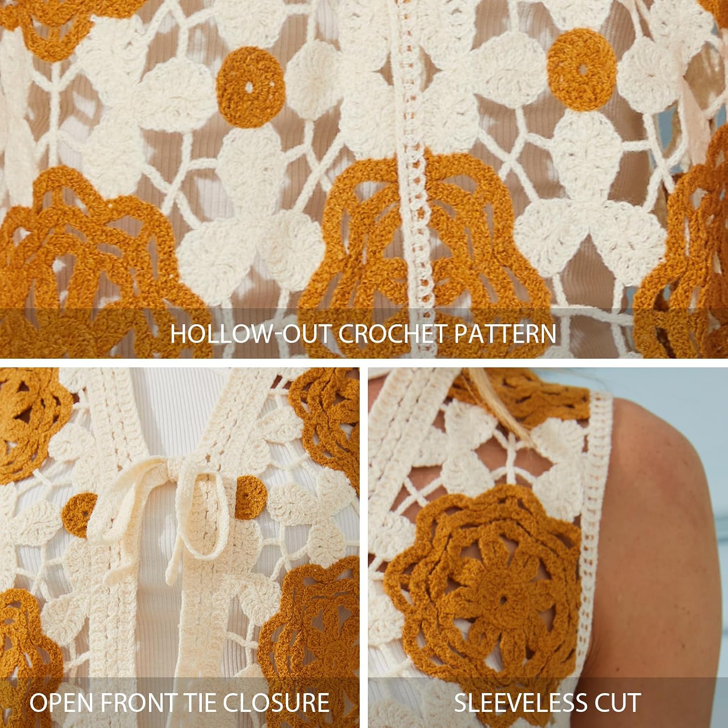 Women's Boho Crochet Vest Lightweight Sleeveless Summer Cardigan with Tie Front Hollow Knit Cover Up