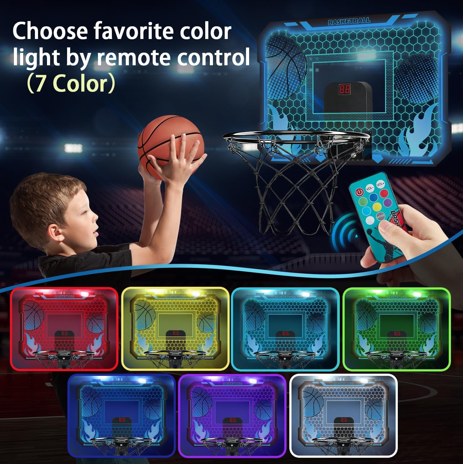 VROGTIK Indoor-Basketballkorb für Kinder mit 7 farbigen LED-Lichtern, Fernbedienung, Halterung über der Tür, Anzeigetafel - Geschenke für 4-12 jährige Jungen und Mädchen