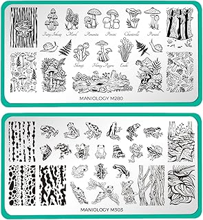 Maniology Forest Wonders Nail Stamping Plate Set, Mushrooms Frogs Manicure, Rainforest Woods Animal Nail Art (Magic Mushrooms (M280), Hop To It (M303))