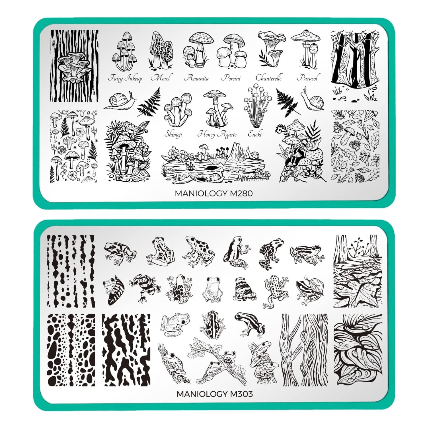 Maniology Forest Wonders Nail Stamping Plate Set, Mushrooms Frogs Manicure, Rainforest Woods Animal Nail Art (Magic Mushrooms (M280), Hop To It (M303))