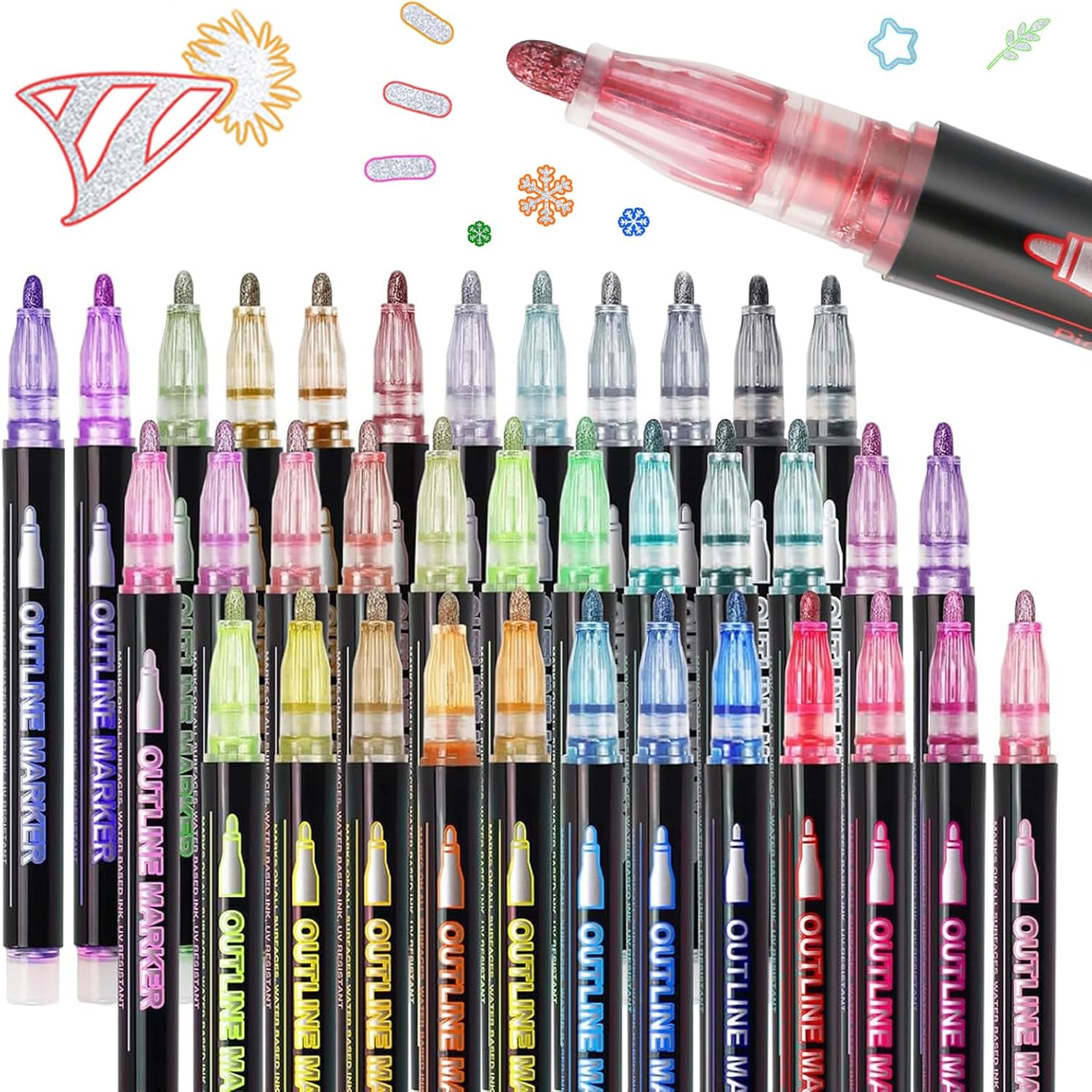 36 Colors Outline Markers,Double Line Shimmer Marker Pens for Christmas Greeting Cards,Scrapbook Crafts,Doodling,DIY Art Crafts,Easter Egg,Metal,Ceramic,Glass,Christmas Decor (36colors)
