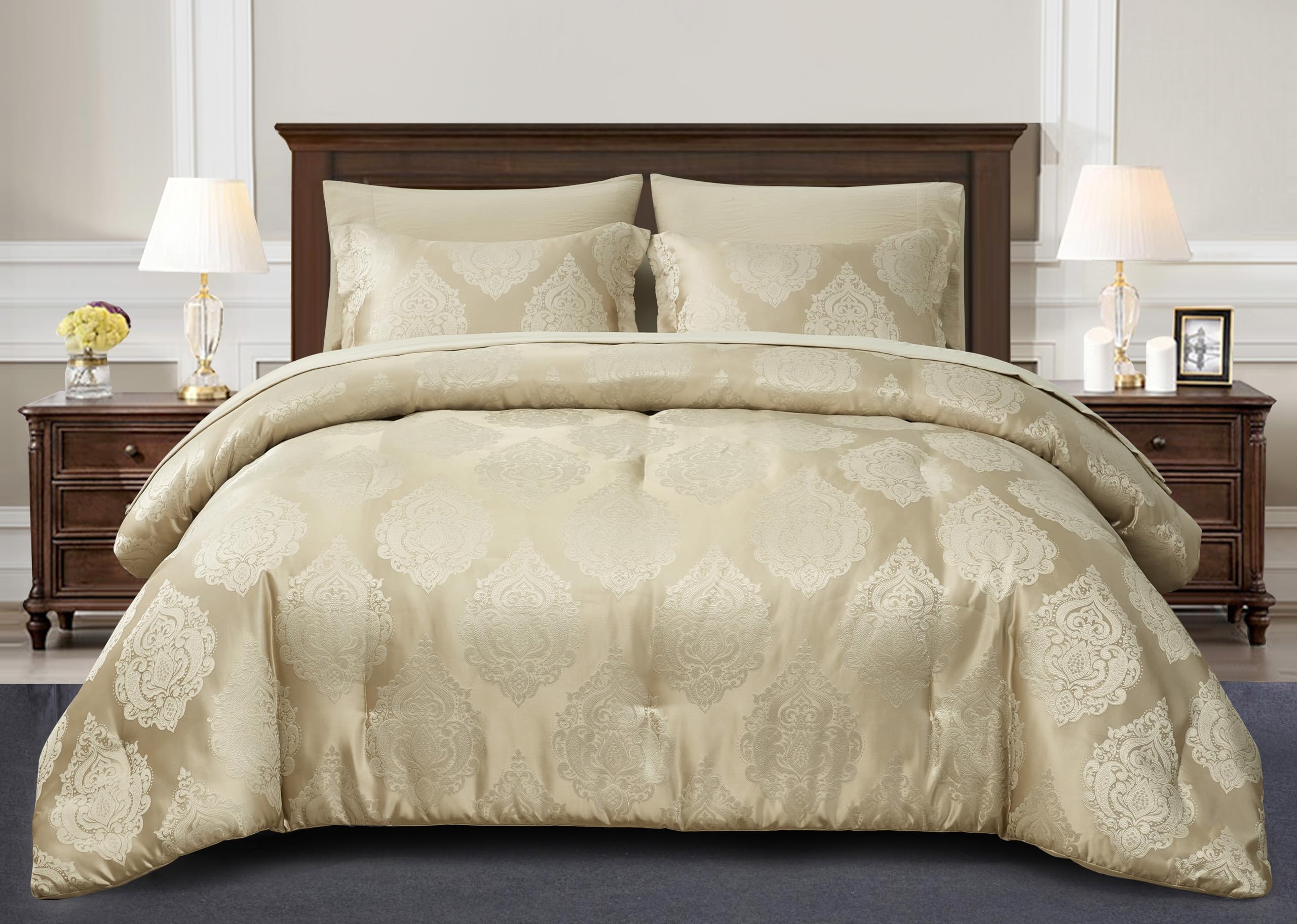 Chezmoi Collection Juliette 7-Piece Bed in a Bag Comforter Set King - Luxury Medallion Jacquard Comforter Set with Sheets for All Seasons, Gold