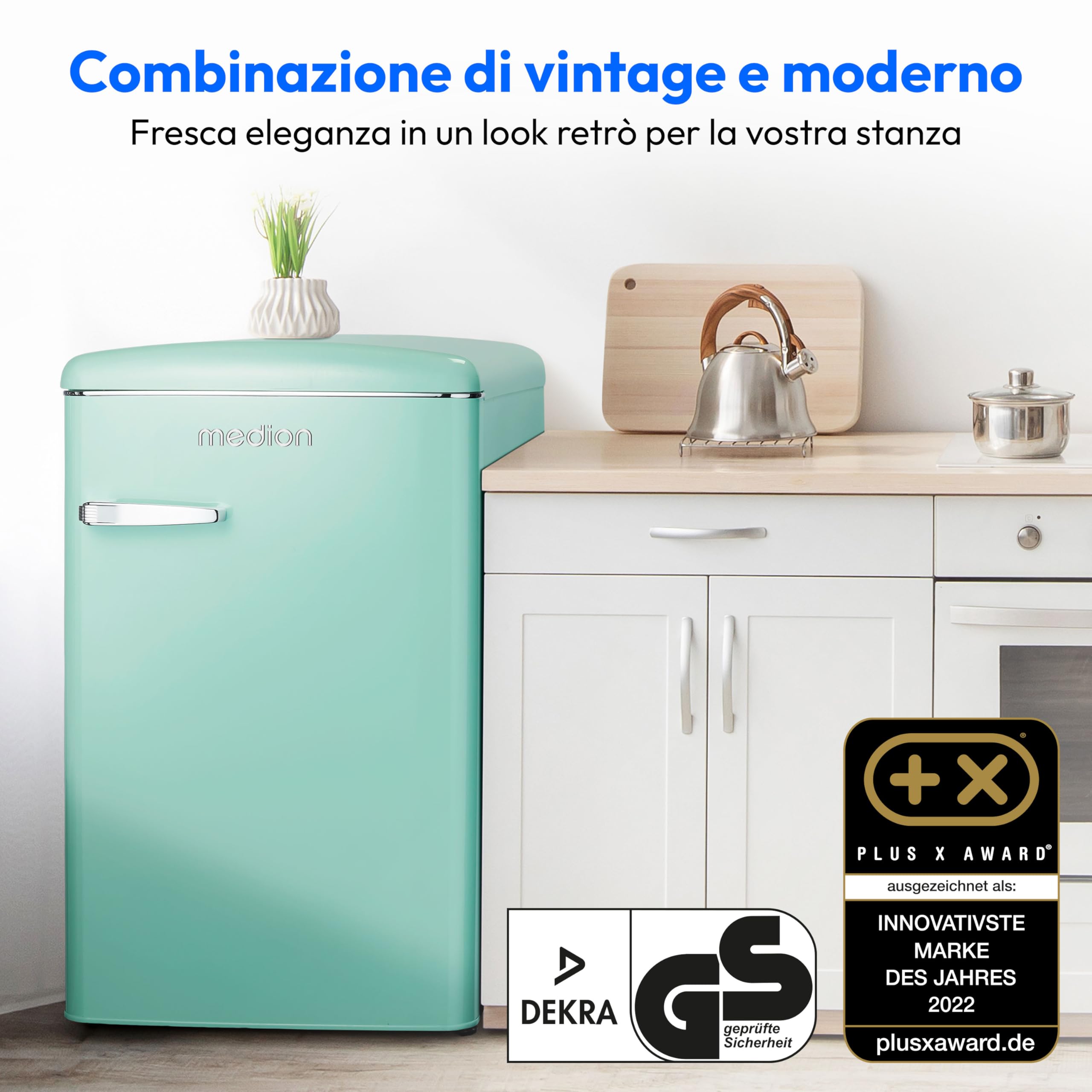 MEDION Combinazione frigorifero-congelatore retrò frigorifero da 95 litri, scomparto congelatore da 13 litri a 4 stelle, capacità 108 litri, illuminazione interna a LED