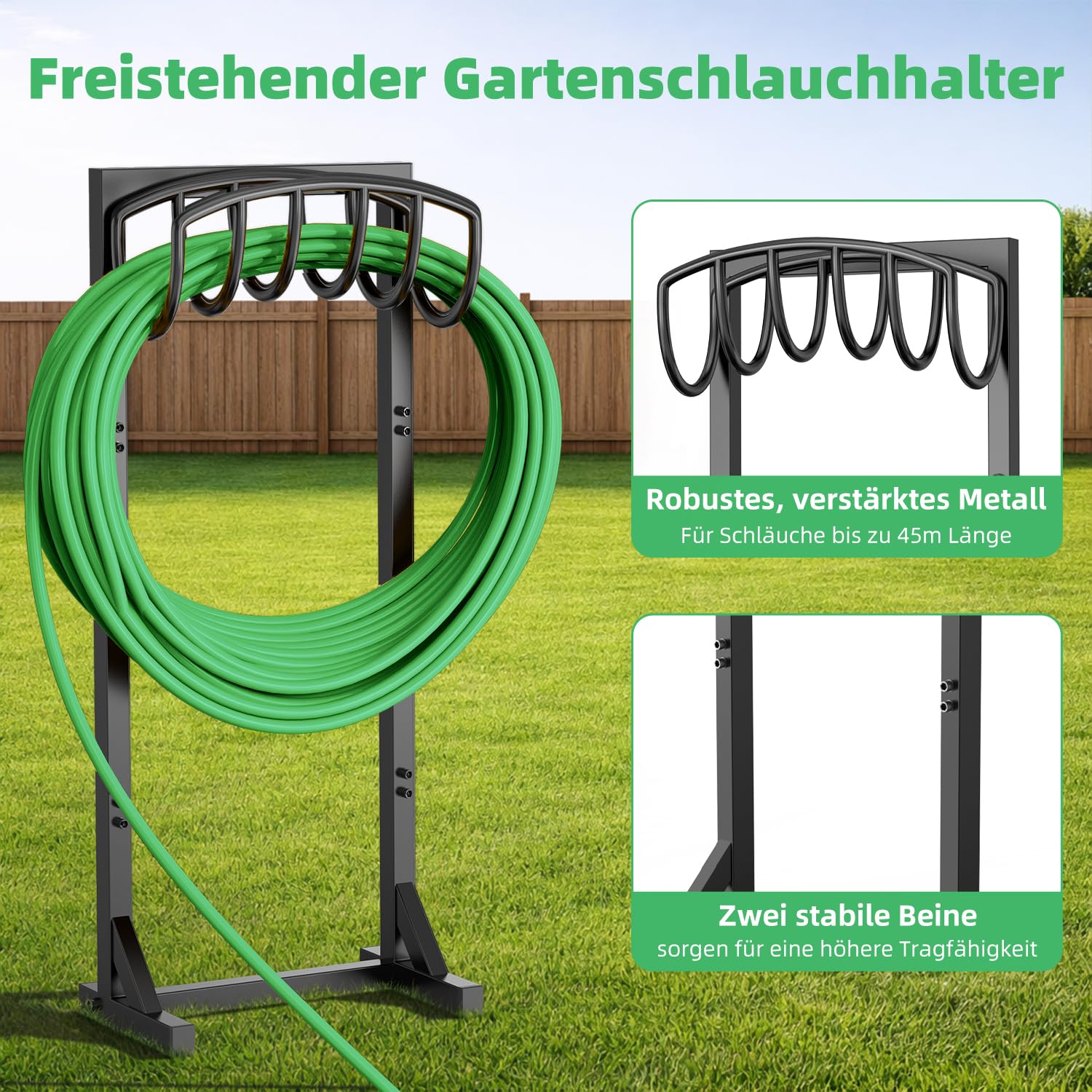 Gartenschlauchhalter Freistehend, 109,5 cm, strapazierfähiger, freistehender Wasserschlauchhalter mit 4 Spießen, Gartenschlauchhalter für bis zu 45 m Schlauch, für Garten, Rasen, Terrasse