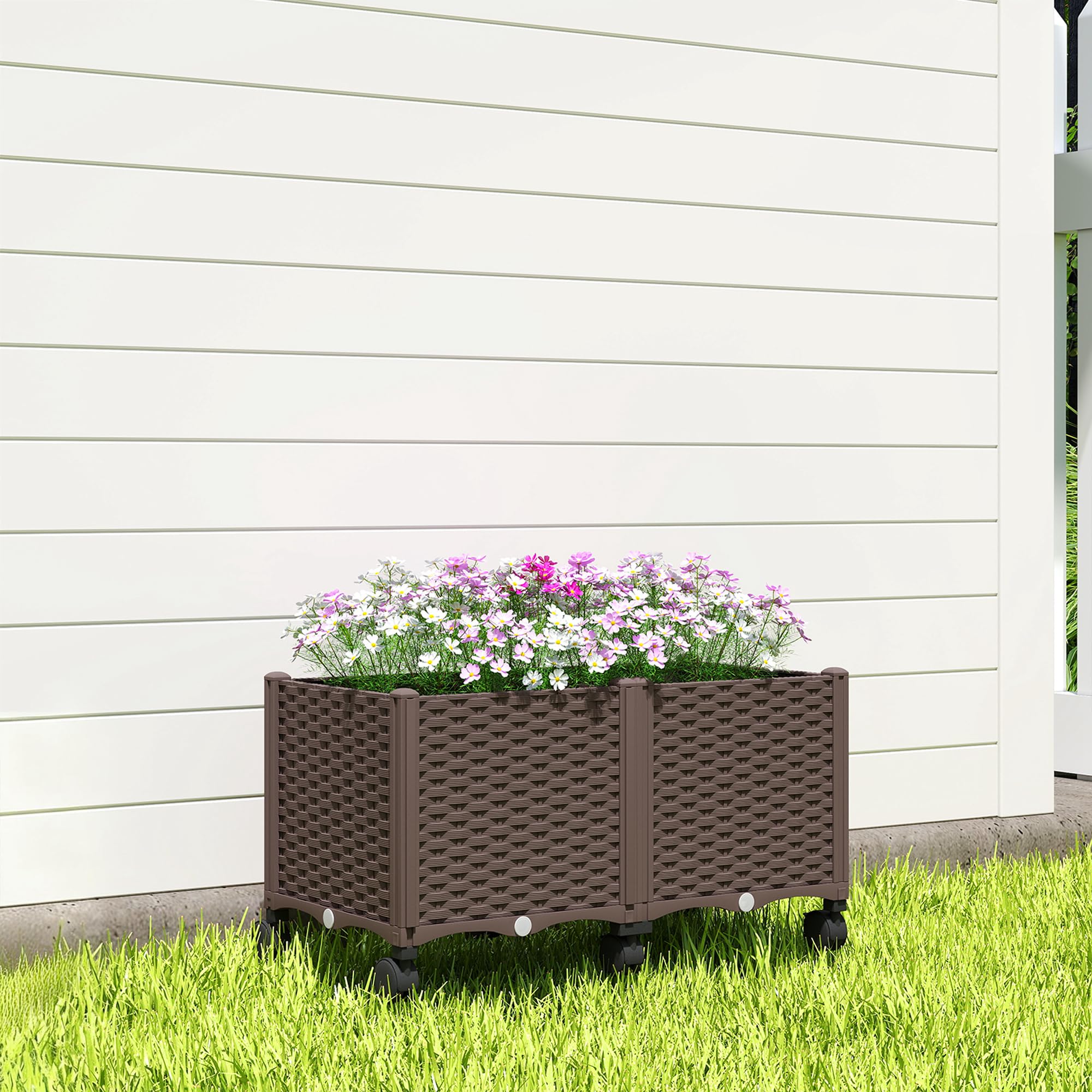 Outsunny Fioriera Rialzata in Plastica 85L, Letto per Orto Rialzato da Esterno con Ruote Bloccabili, Sistema di Autoirrigazione, Fori di Drenaggio, per Piante Rampicanti, Verdure e Fiori, Marrone