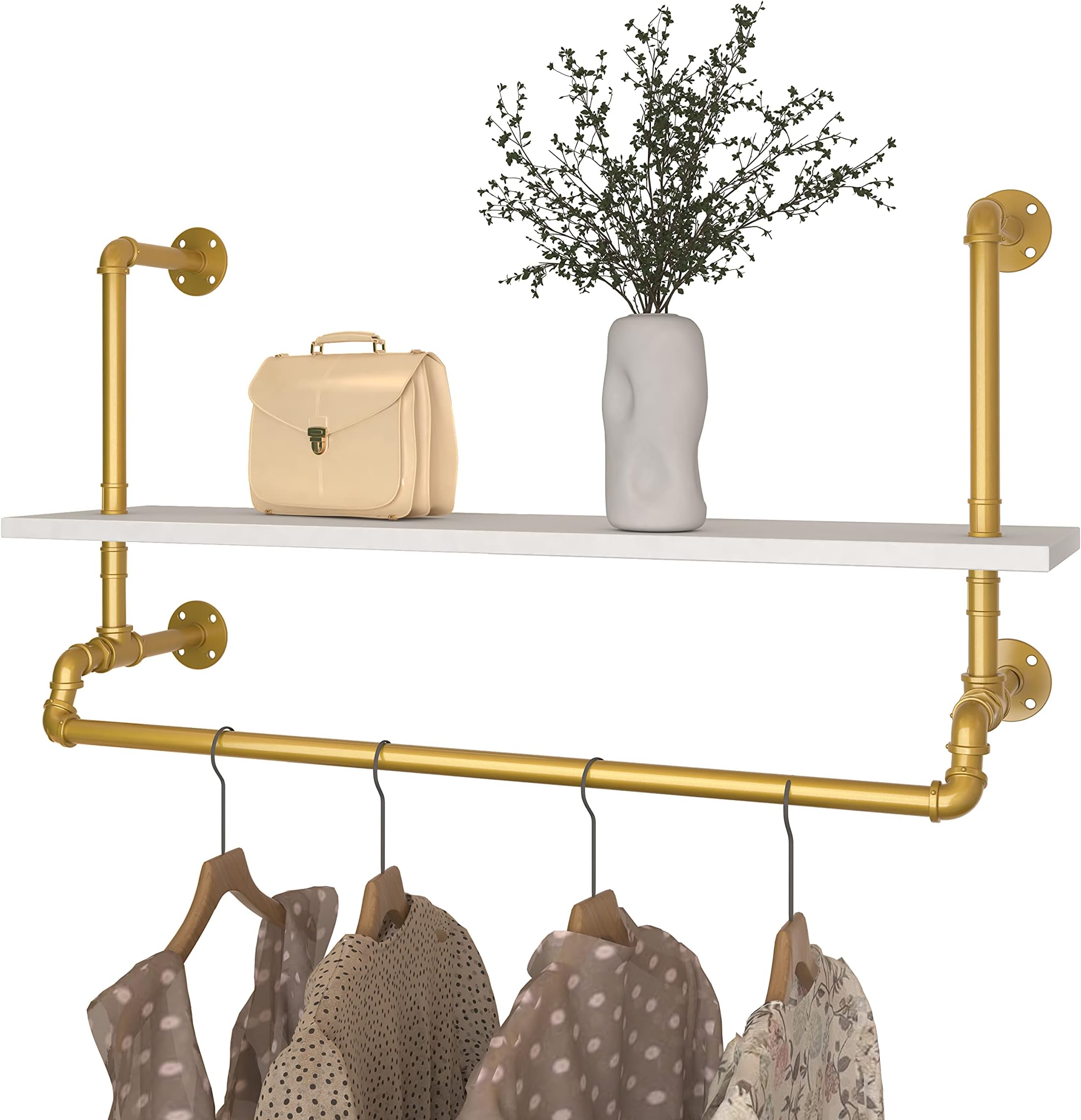 HOMEKAYT Industrial Pipe Clothing Rack Wall Mounted Clothes Rack Gold Glothing Rack with Shelf Vintage Storage Rack for Bedroom, Living room