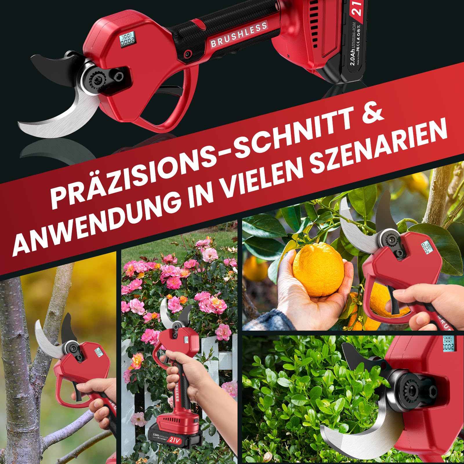 Akku Astschere, 50MM Elektrische Gartenschere Kabellos für Makita mit LCD Anzeige 2x 2000mAh Batteries, Leistungsstark Leise, Professionelle Bürstenlose Gartenschere für Zweige, Sträucher, Stämme