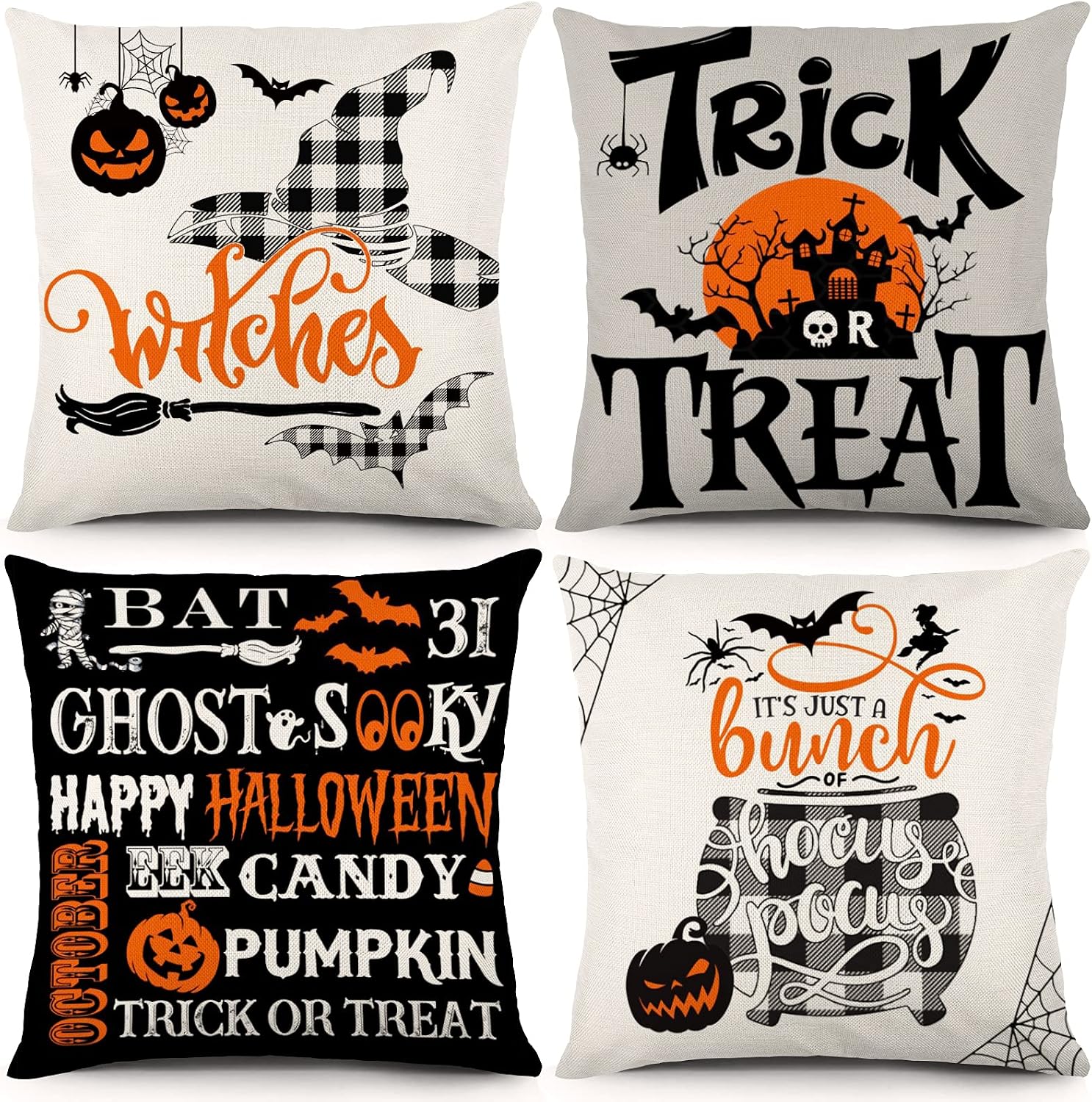 YGEOMER Halloween Pillow Covers 18x18 Inch Set of 4 Halloween Decorations Buffalo Plaid Trick or Treat Pumpkin Pillowcase Holiday Throw Pillow Covers for Sofa Couch