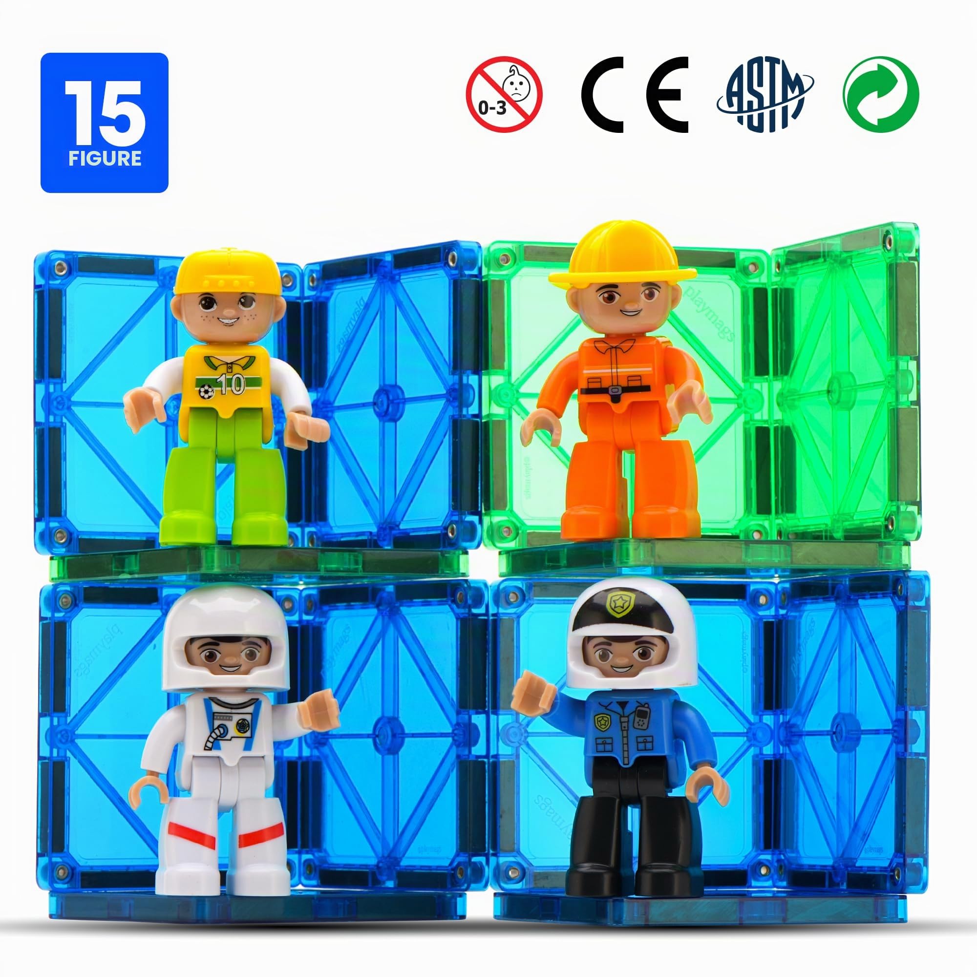 Playmags Set comunitario di figure magnetiche grandi da 15 pezzi - 3 pollici Gioca a persone, perfette per mattoncini magnetici - Giocattoli educativi STEM per bambini