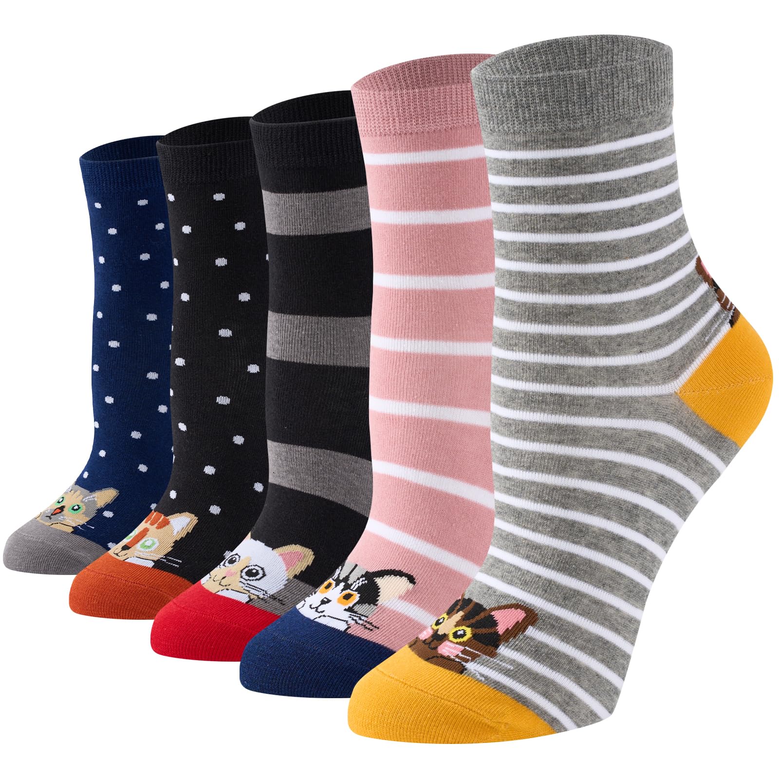 Veximora Lustige Socken Damen, Bunte Katzensocken, Dünn 5 Paar, Größe 35–42 | Bunte Socken für Damen aus 80% Baumwolle, weich und atmungsaktiv, mit Komfortbund für Schule, Homeoffice, Party und Freizeit