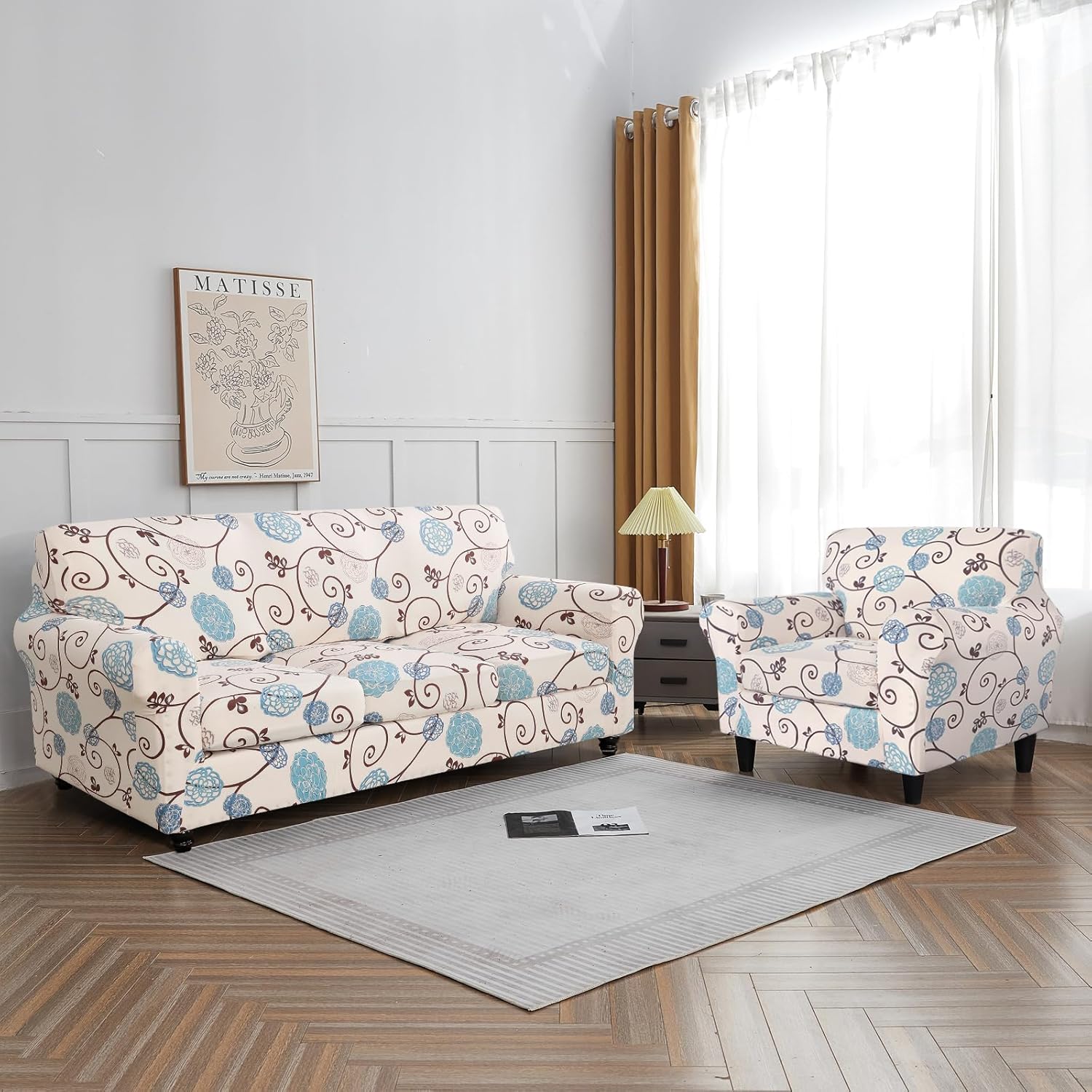 SearchI Floral Printed Armchair Slipcover Bundle, 4 Piece, Beige, Stretch Fit, Easy Installation, Recliner Chair Cover