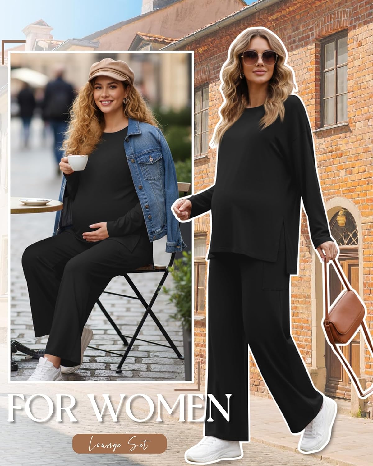 Women's Maternity Lounge Sets 2 Piece Outfits Long Sleeve Side Slit Shirts Casual Wide Leg Pants with Pockets
