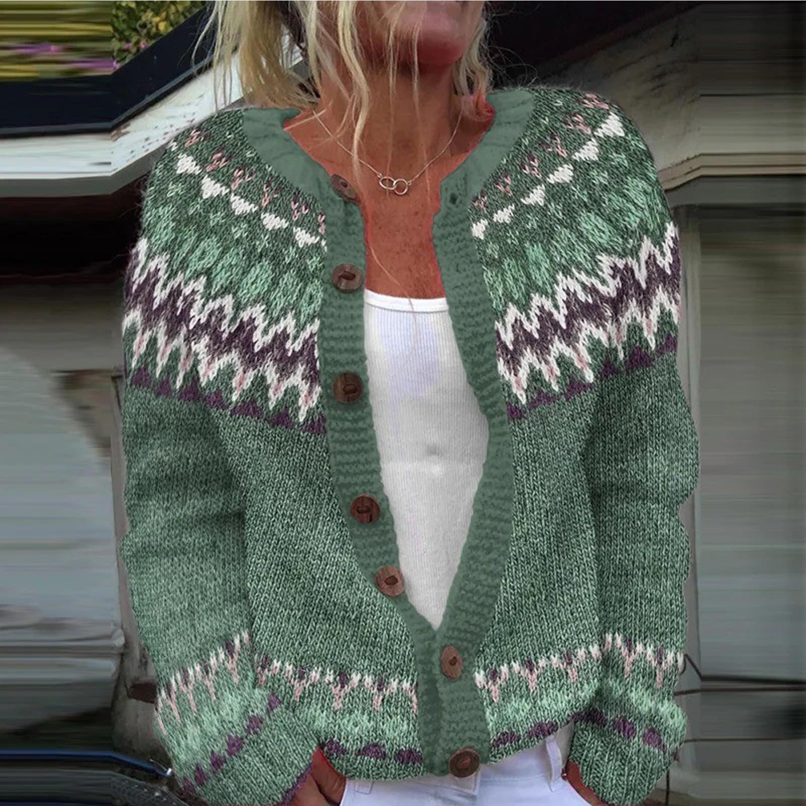 Generisch Damen Pullover Ethnisch gemusterter -Strickmantel mit Taschen langärmelig warm kuschelig für Damen im Alltag Büro Urlaub
