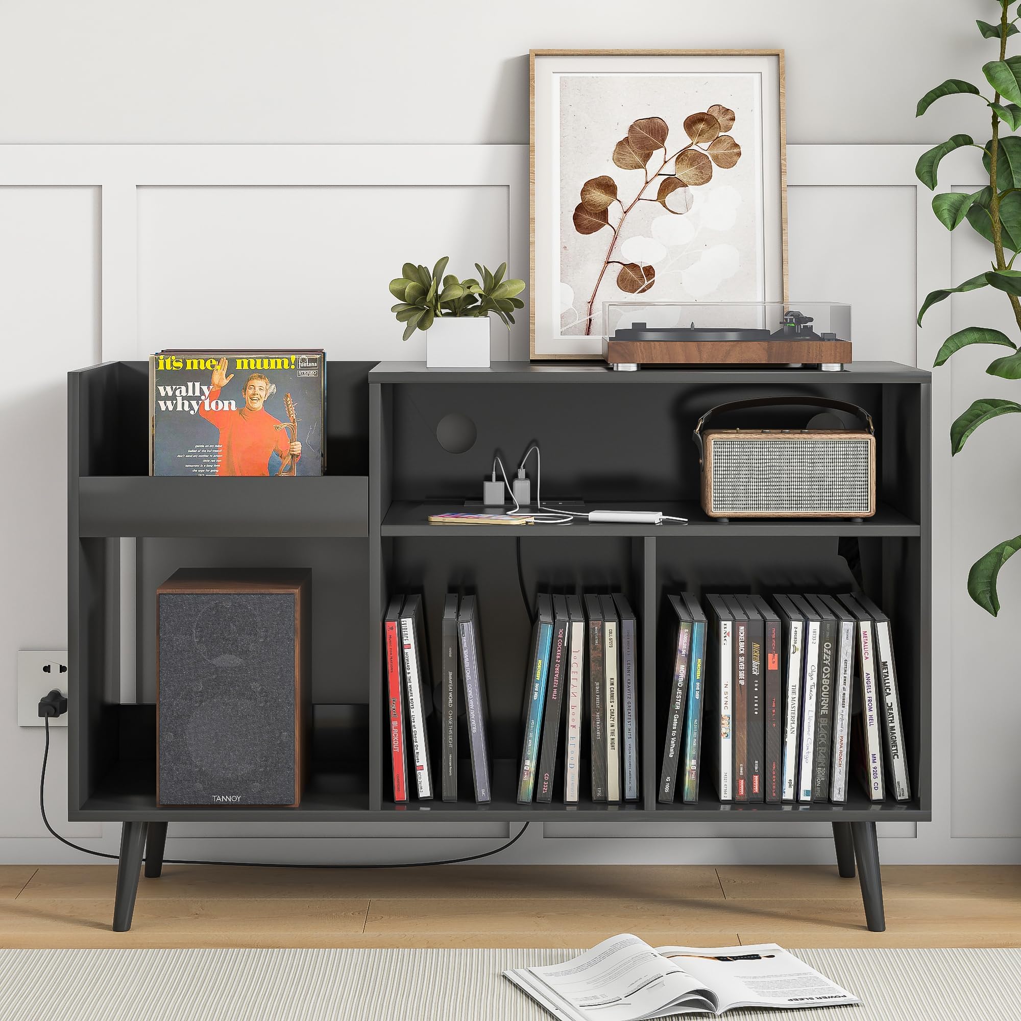 Mid-Century Record Player Stand with Storage Vinyl Record Cabinet Record Player Table with Power Outlet Turntable Stand Large Record Holder Holds for Bedroom Living Room