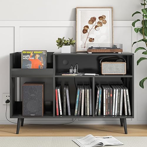 Mid-Century - Soporte para tocadiscos con almacenamiento de vinilo para tocadiscos, mesa para tocadiscos con toma de corriente, soporte grande para