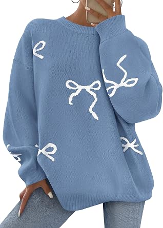 PRETTYGARDEN Women Long Sleeve Cute Bow Oversized Sweater