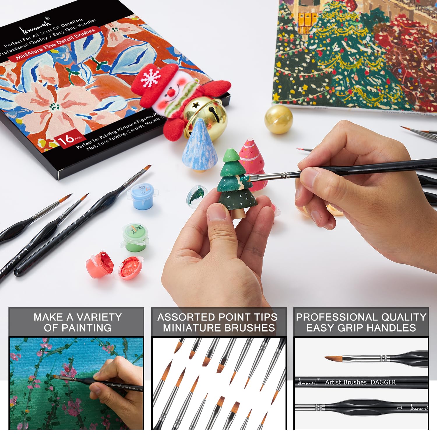 Brusarth Juego de 16 pinceles de pintura en miniatura para detalles finos, pintura artística, pincel de pintura de microdetalles para acrílicos, óleos, acuarelas, pintura por número, figurilla, 40 K