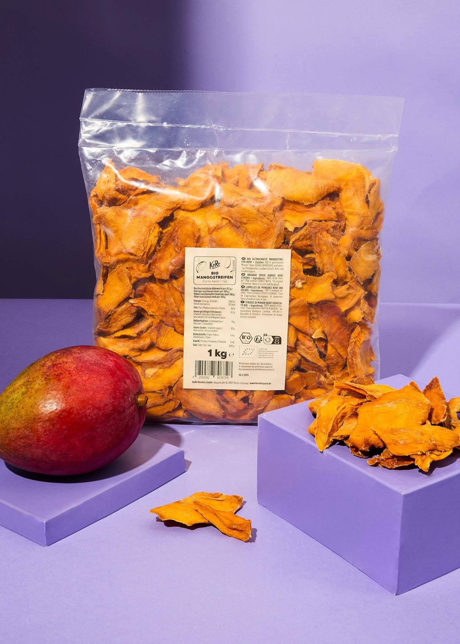 KoRo - Bio-Mangostreifen Kent 1 kg - Fruchtig-süßer Geschmack - Ohne Zuckerzusatz - Getrocknete Mango der Sorte Kent