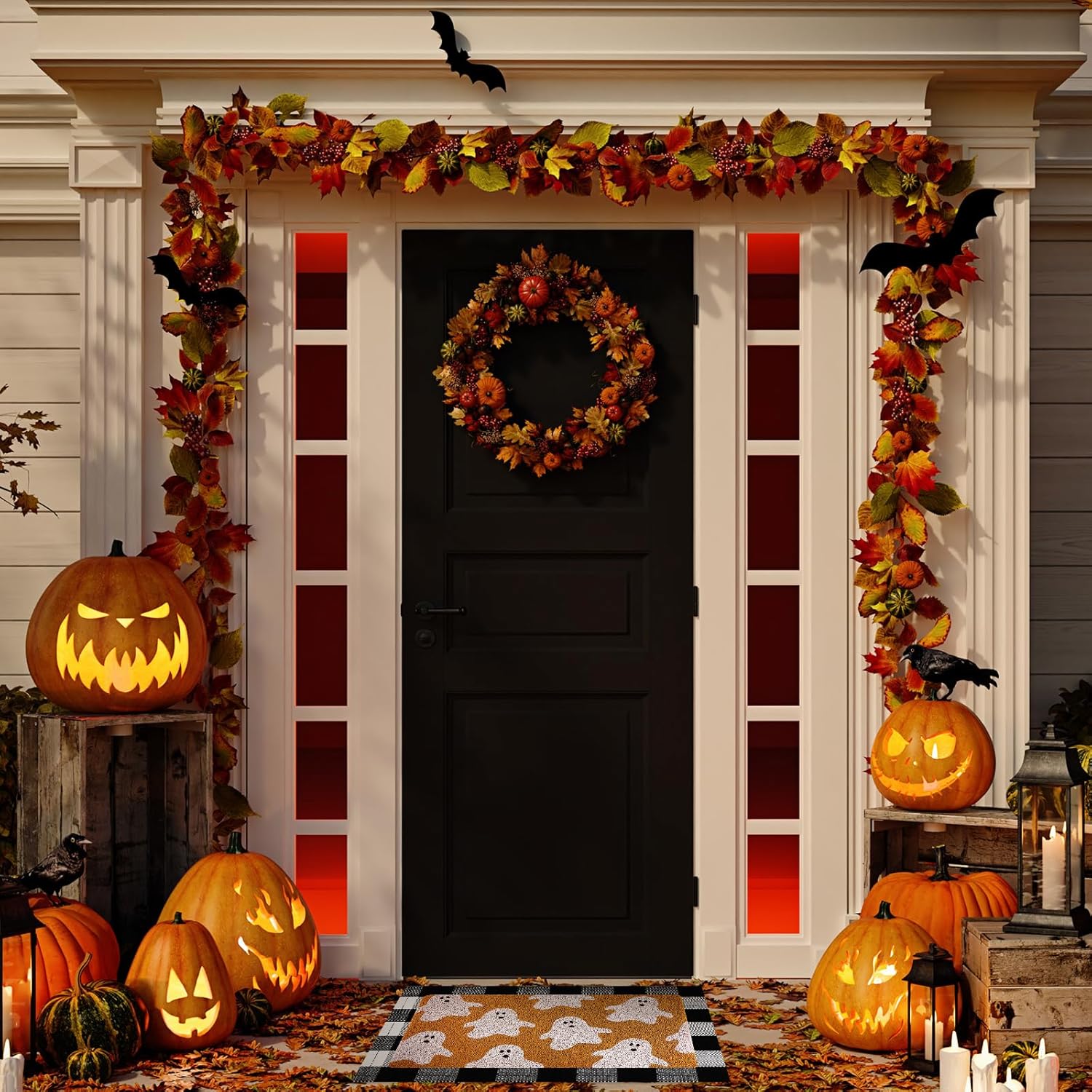 Fabbay 2 Pcs Halloween Fall Welcome Mat - Halloween Ghost Design, Black White Layered Buffalo Plaid Rug, Outdoor/Indoor Doormat for Front Door Porch, Autumn Xmas Holiday Decor