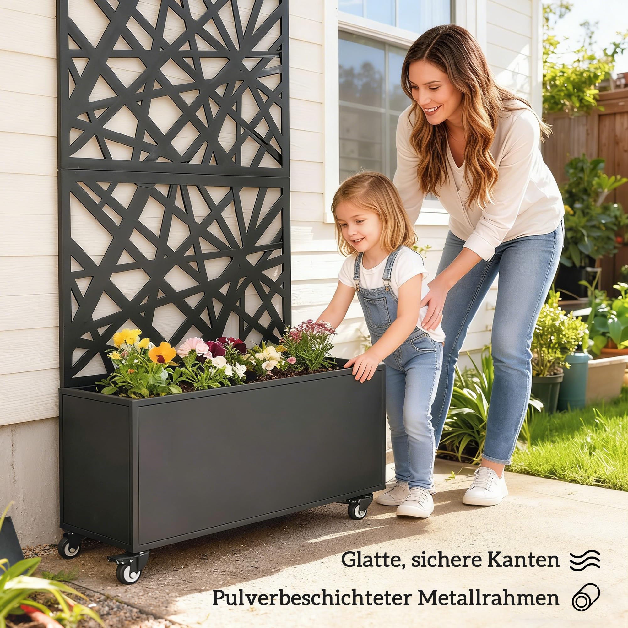 Outsunny Blumenkasten mit Sichtschutz Rankgitter 90 x 30 x 160 cm Schwarz | Pflanzkasten, Rolle, Pflanzkübel aus Metall, Blumenkübel, Rankkasten, Rankhilfe, für Garten, Balkon, Terrasse