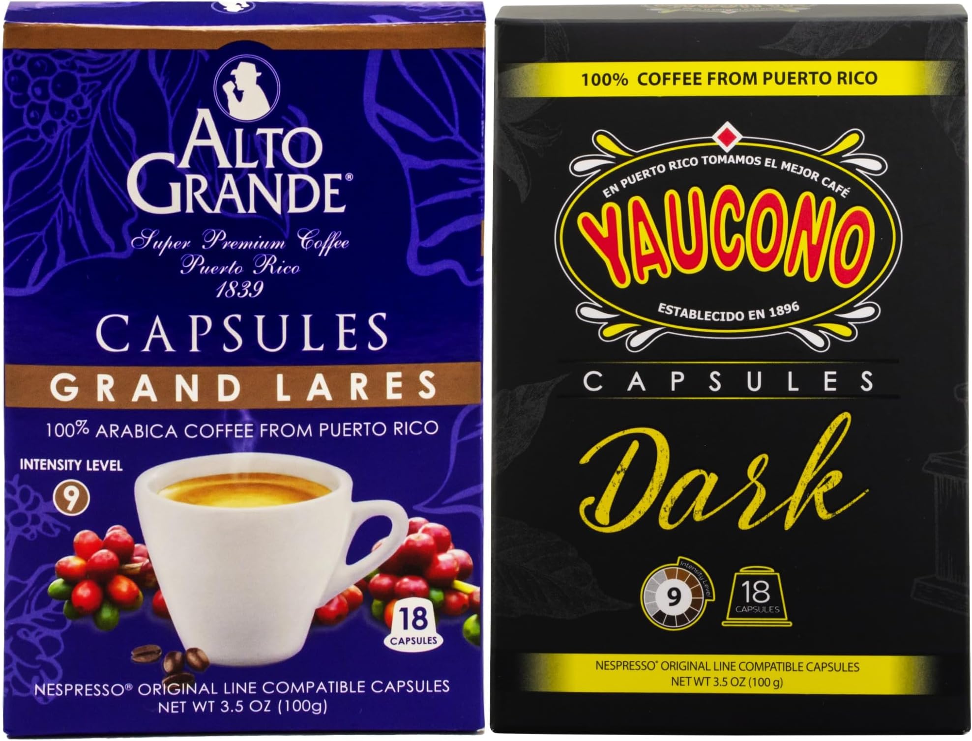 Alto Grande Super Premium and Yaucono 100 Percent Coffee From Puerto Rico Capsules Compatible with Nespresso Machines, 36 Count (18 Yaucono, 18 Alto Grande Grand Lares)