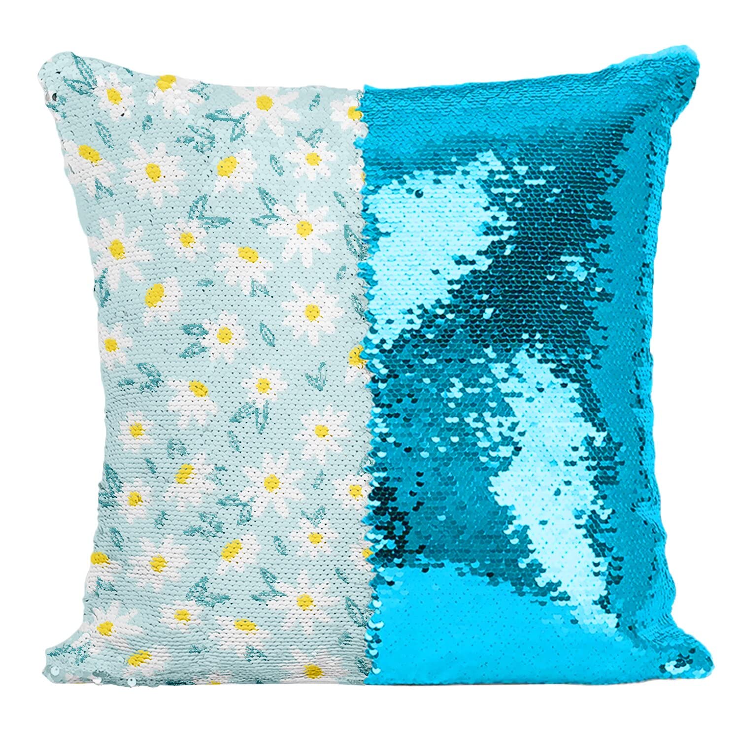 Coussin paillettes turquoise au motif marguerites au style floral et minimaliste