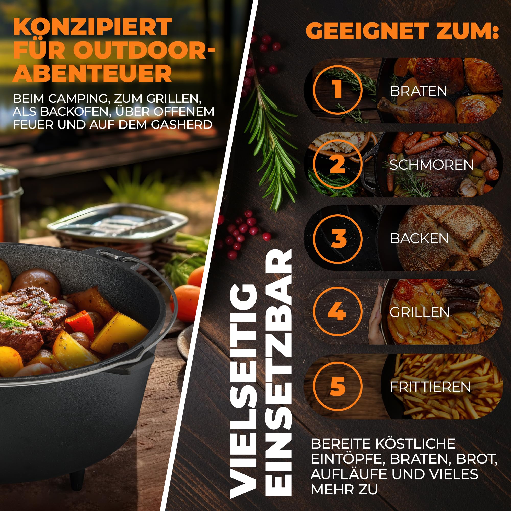 Produktbild von Funkenflug Dutch Oven Set Aus Gusseisen – 5 Liter, Inkl. Untersetzer & Zubehör, Perfekt Für Grillen & Lagerfeuer