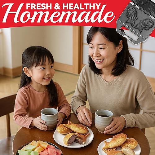 Miniatura 5 de Taiyaki - Máquina para hacer gofres en forma de pez, 2 piezas de sartén eléctrica japonesa con forma de pez, platos de cocina antiadherentes duales,
