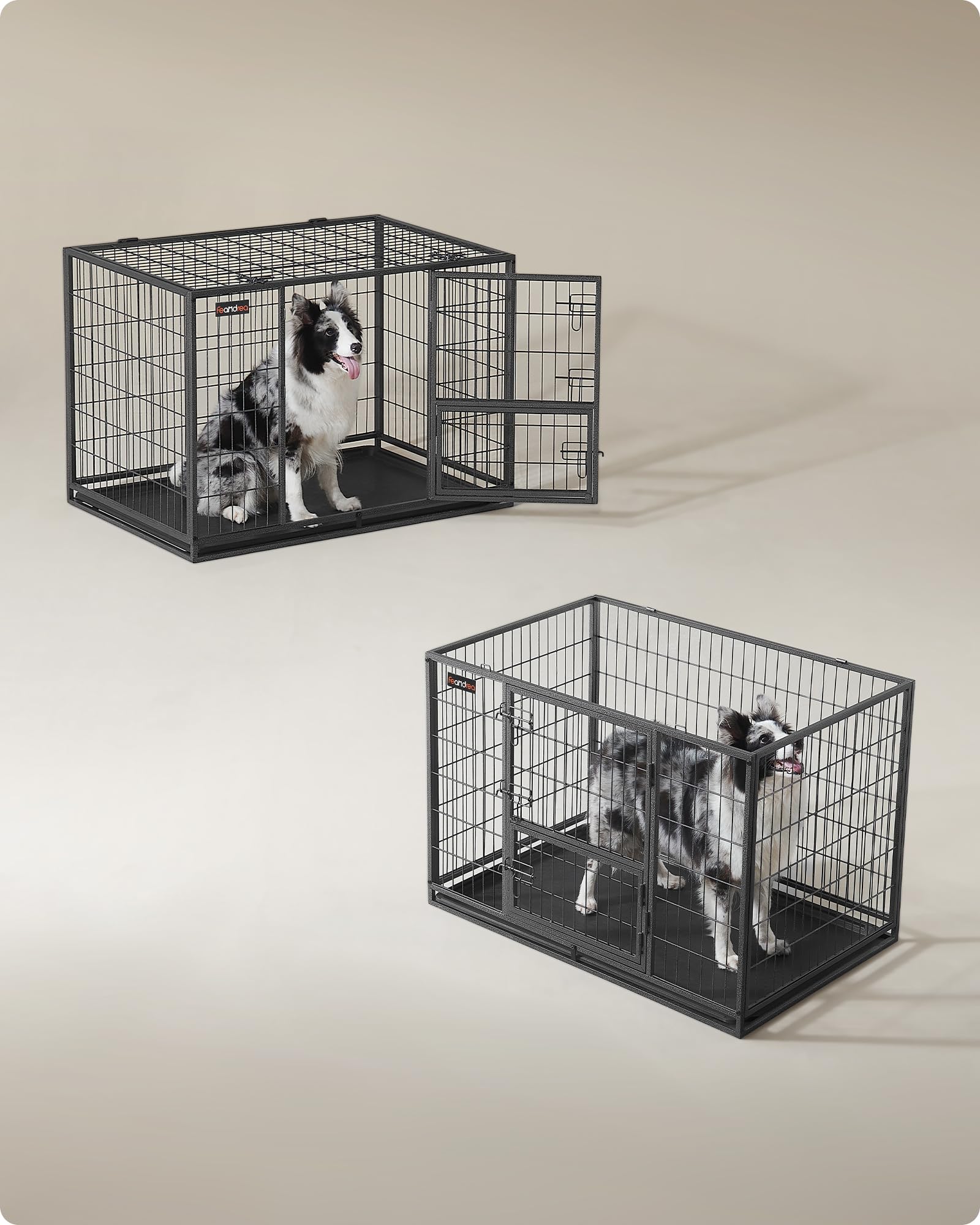Feandrea Jaula Pesada para Perros, Jaula de Mascotas, 107 x 70 x 75 cm, para Perros Medios y Grandes, Antiescape, Doble Puerta Extraíble, Parque, XL, Gris PPD001G01