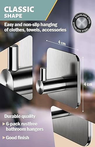Miniatura 6 de Menz Paquete de 6 ganchos adhesivos para toallas para baños, acero inoxidable, perchero autoadhesivo duradero, ganchos de pared adhesivos, soporte