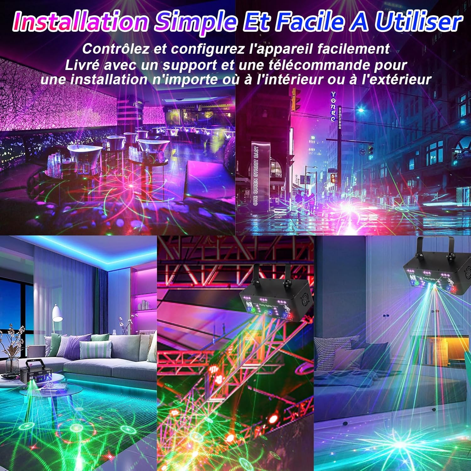 People dancing at a party with the Fwiull Party Light projecting colorful patterns, illustrating sound control and music synchronization.