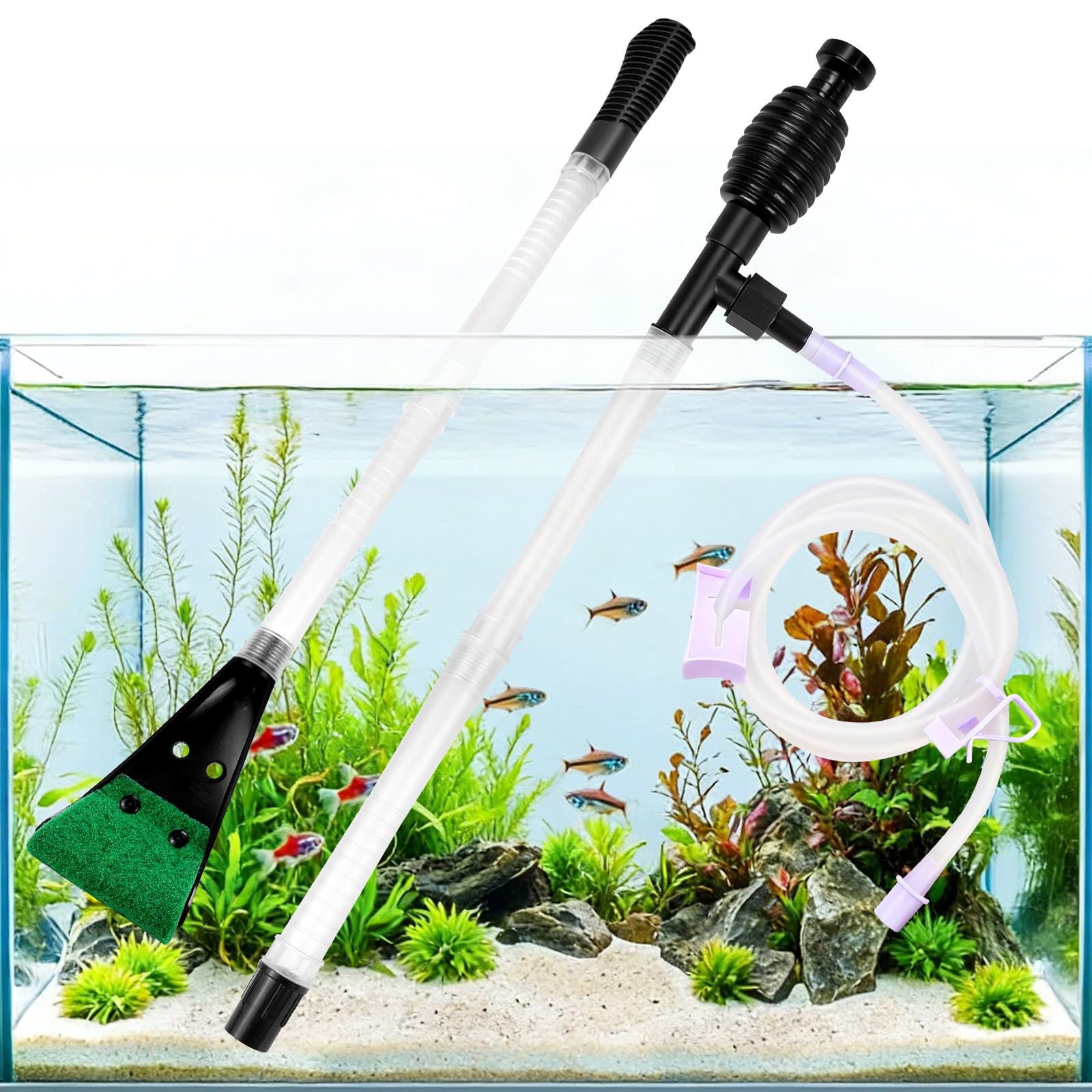QZQ Fish Tank Syphon Cleaning Kit Super Strong Fish Tank Siphon With Double Sponge Algal Scraper Aquarium Cleaning Kit For Fish Tank Aquarium Gravel Cleaner