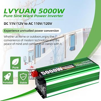 LVYUAN 5000W Heavy Duty Pure Sine Wave Power Inverter 12V DC to 110V/120V