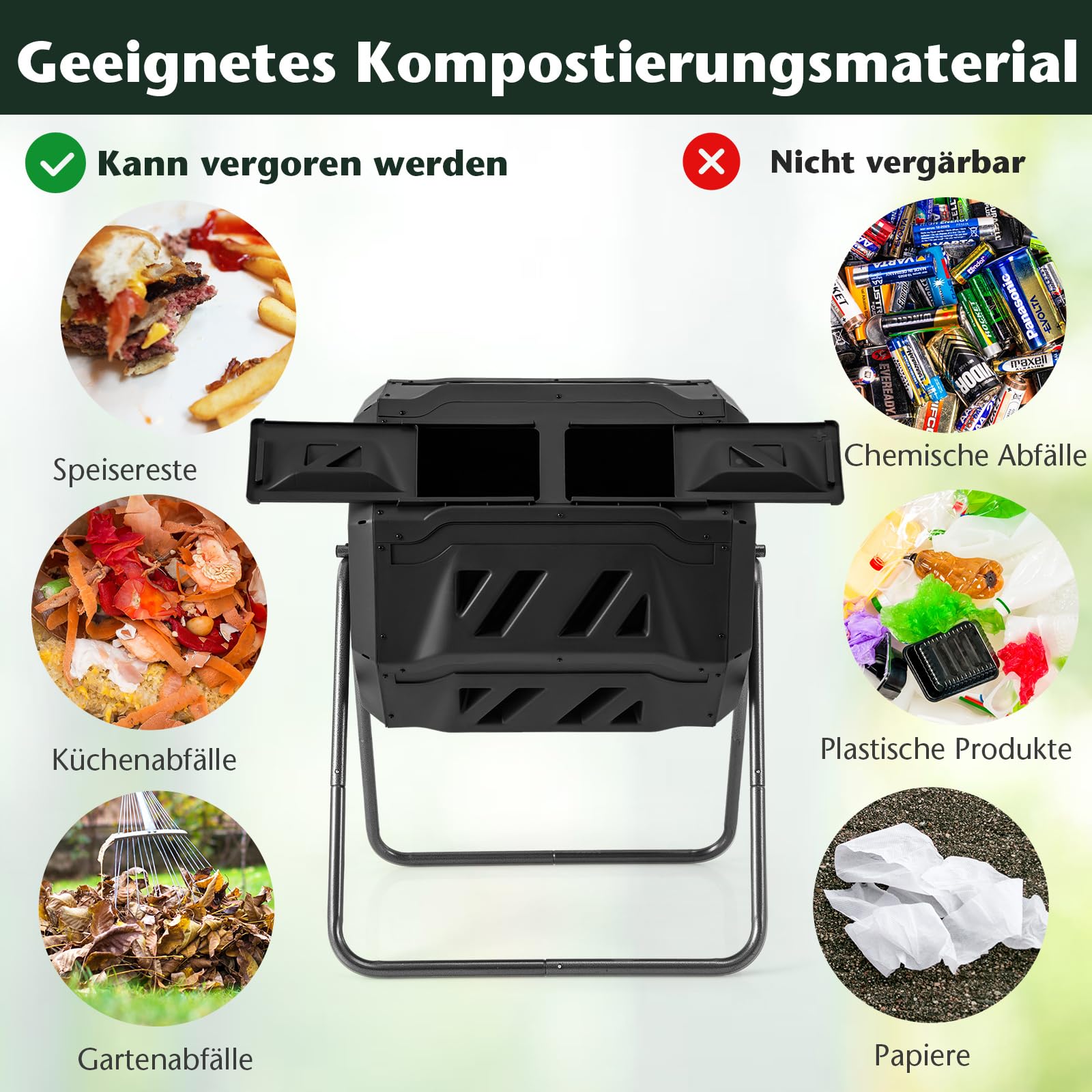 COSTWAY 160L Trommel-Komposter, Gartenkomposter Doppelkammer, 360° drehbar, Kompostschleuder mit 2 Schiebetüren & Handschuhe, Schnellkomposter aus PP & Metall, für Garten Balkon, 70x63x93cm (Schwarz)
