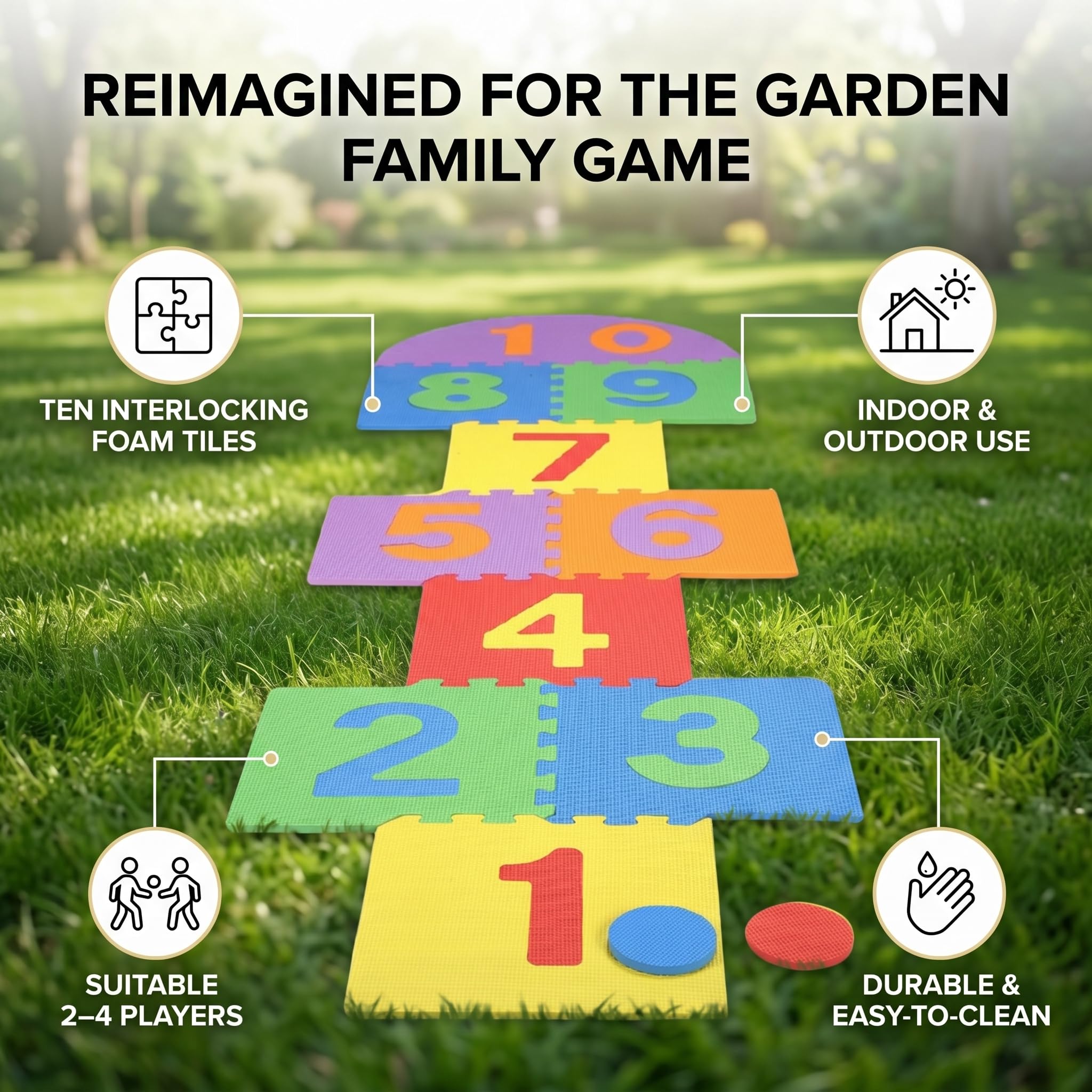 Riesige Hopscotch-Matte für Kinder, weicher EVA-Schaum, ineinandergreifende Fliesen, für drinnen und draußen, Garten, Familienspiel, Spielzeug (bunt)