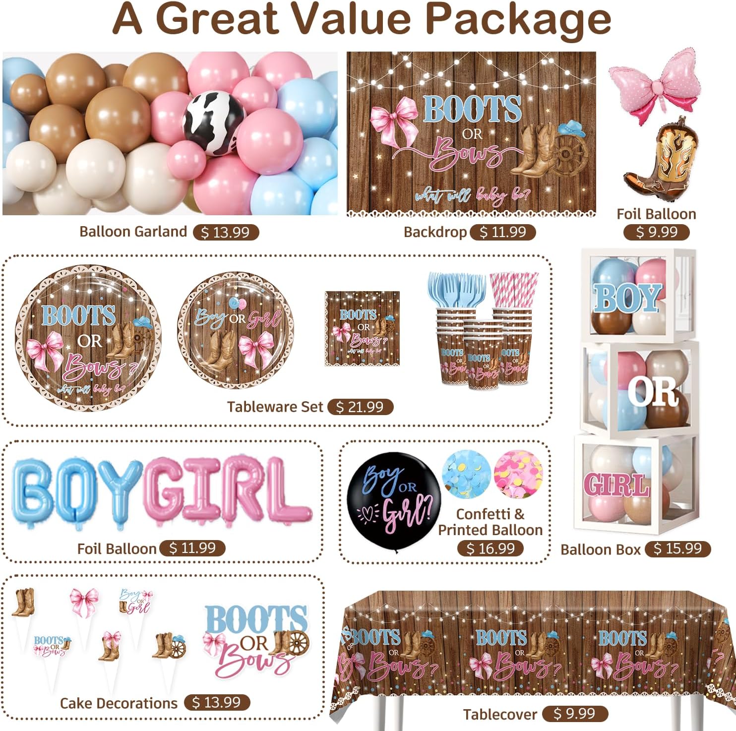 Cocomigo 299 Pcs Boots or Bows Gender Reveal Decorations, Complete Party Set Serves 25, Boots and Bows Gender Reveal Decorations with Plates, Tablecloths, Balloons, and Stickers