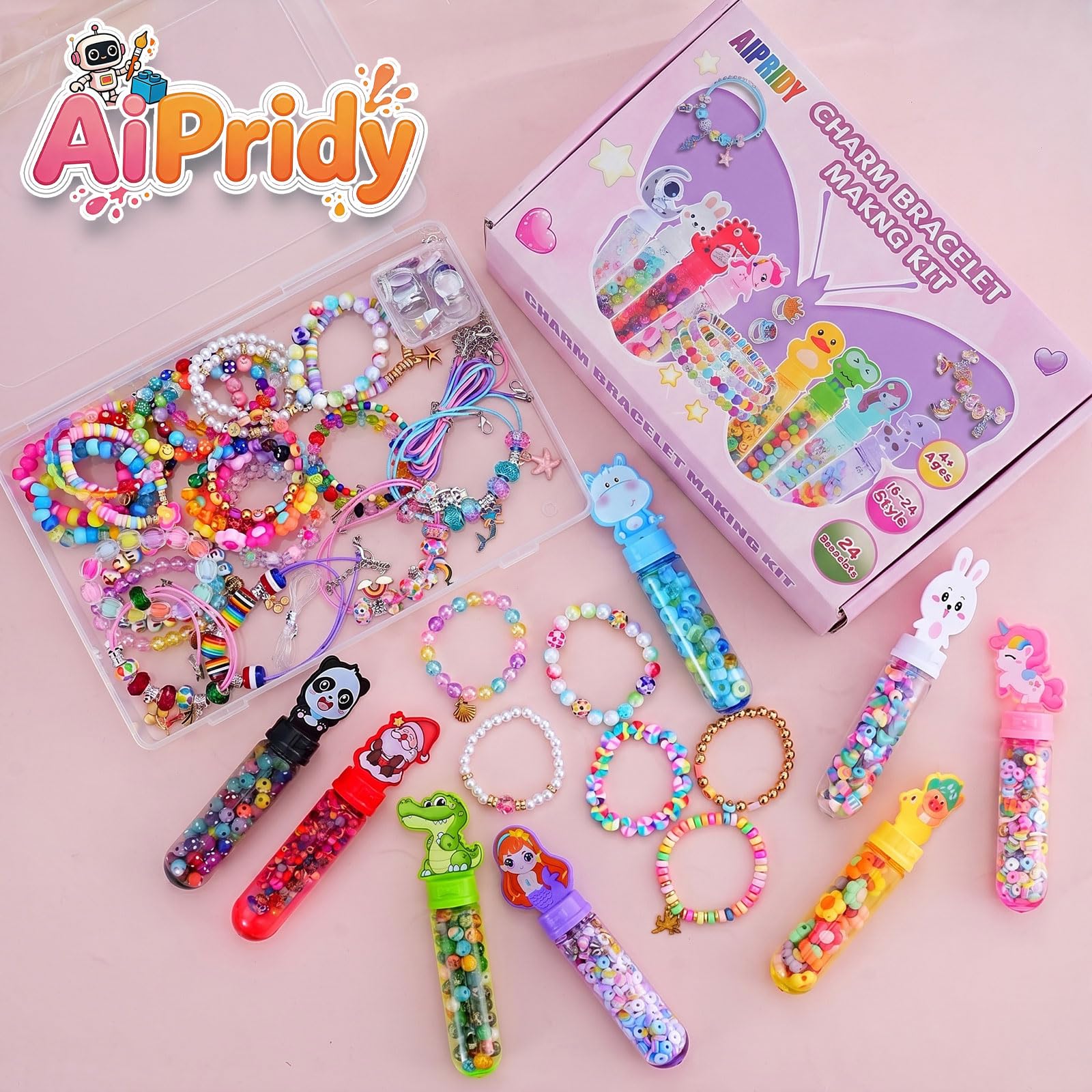 AIPRIDY Kit creativo di perline per bambini, 24 stili, 24 bacchette per bracciali, premi in classe, sacchetti per regali, età 4+ (vetro + plastica misti)
