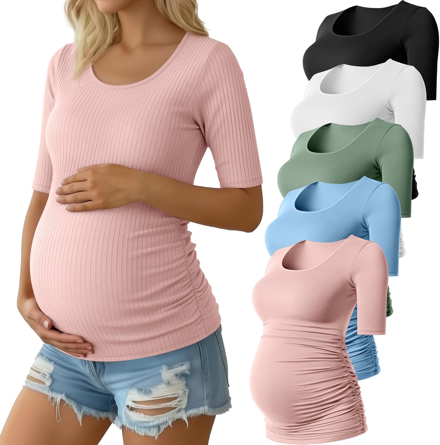 5 Pack Women's Cotton Ribbed Maternity Shirts Bulk, Half Sleeve Scoop Neck Multipack Side Ruched Pregnancy Tees