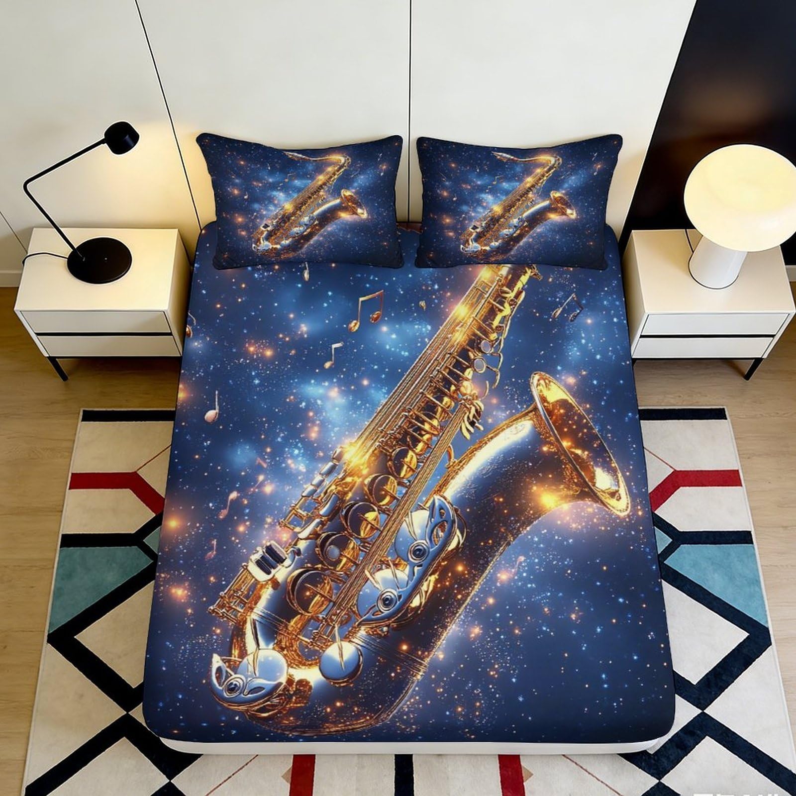 Uynsixtme Style-2 3D Printed Cosmic Saxophone Fitted Sheet Microfiber Deep Pocket Bedroom Bedding Set Cosmic Saxophone Mattress Fitted Cover Non-Slip 140X200x25cm
