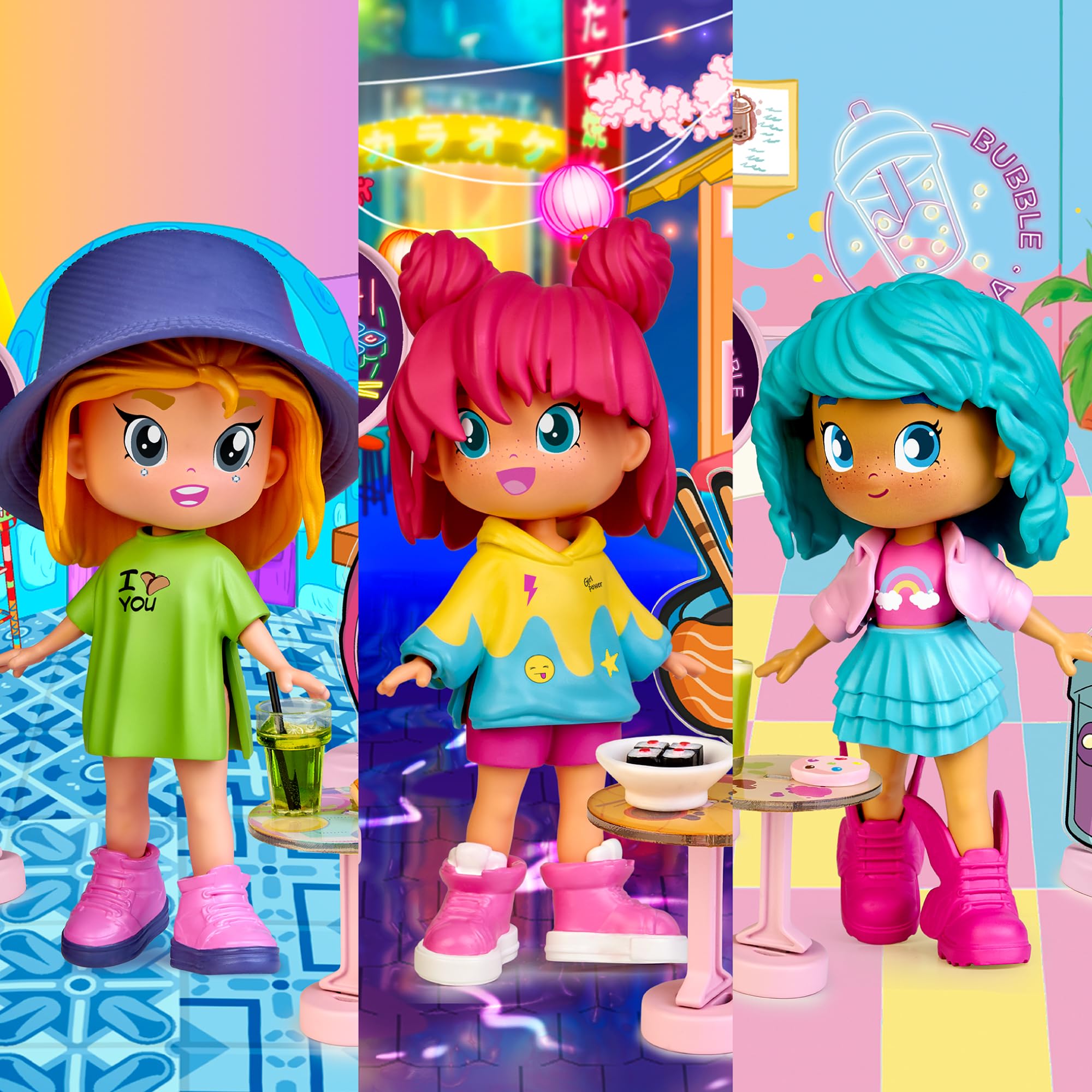 Pinypon TOP Bubble Tea Girl, Chica TOP con Temática Té de Burbujas, Figura Articulada de Brazos y Piernas, Doble Cara y Ropa y Zapatos Intercambiables, Sobre con Accesorios, +4 años, Famosa (PNN01300)
