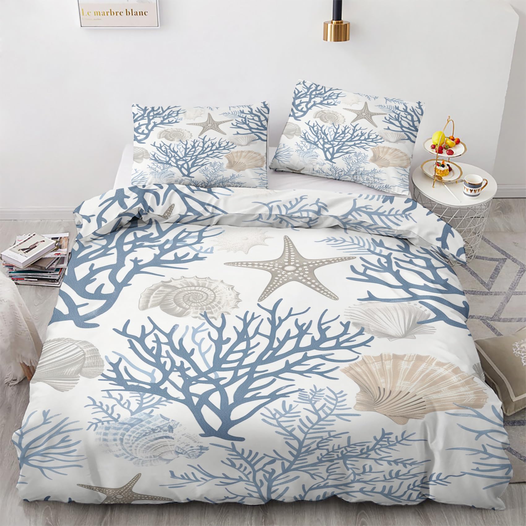 NOGAWA Coastal Bedding Double - Starfish Seashell Double Duvet Set - Reversible Quilt Cover & 2 Pillowcases with Zip and Ties, Ultra Soft and Non Iron Brushed Microfibre Bed Set