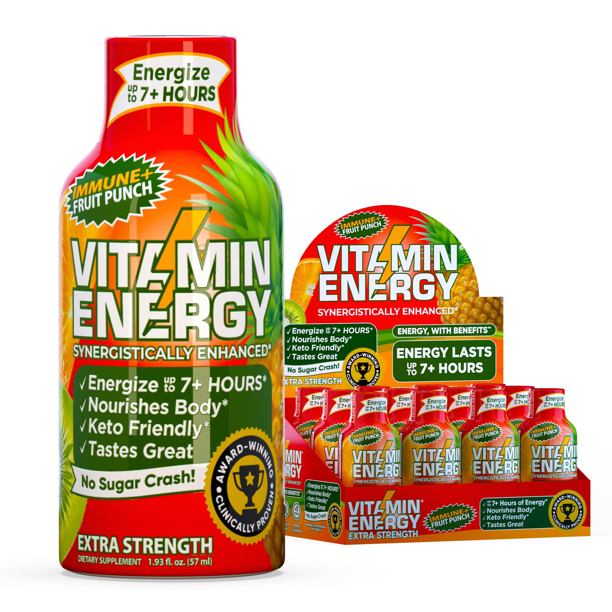 Vitamin Energy Immune+ Extra Strength Energy Shot Fruit Punch 12 Pack, 260mg Natural Caffeine, B-Vitamins, Citicoline, Green Tea, Immunity & Focus