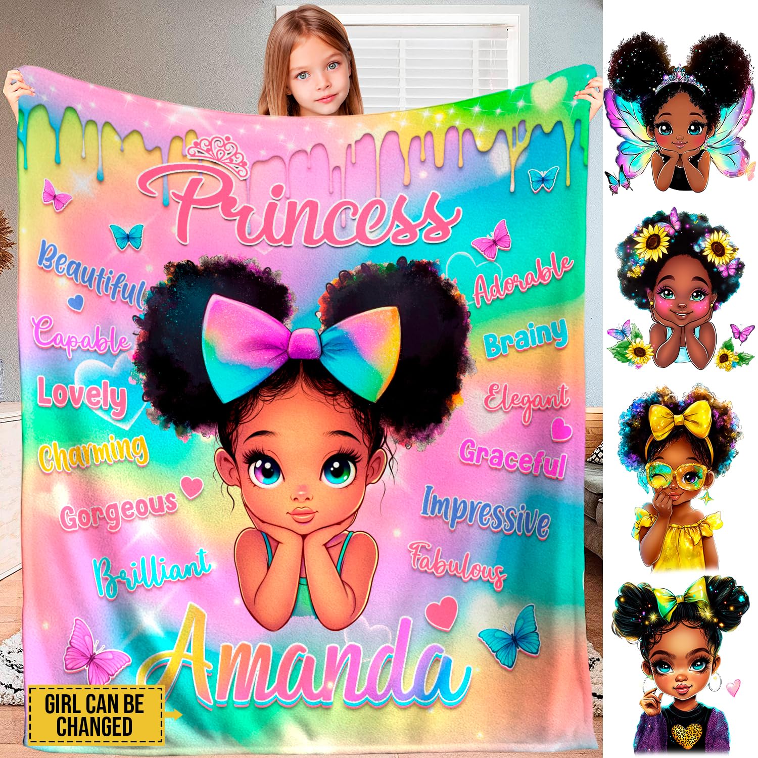 NAREDA Personalized Black Girls Blanket for Kids, African Girl Blanket, Princess Soft Throw Blankets Monogrammed Name for Girl Women, Birthday Gifts