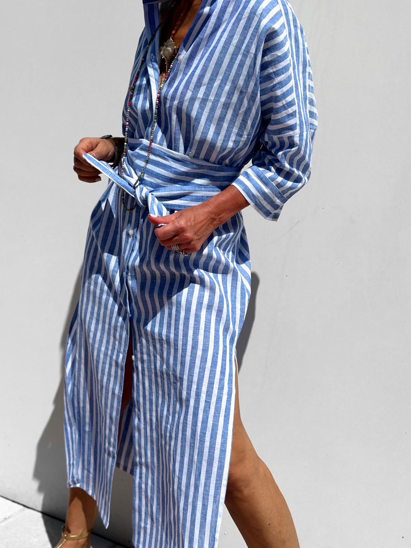 utcoco Abito da donna 2025, stile casual, con risvolto, maniche a 3/4, abbottonatura e cintura