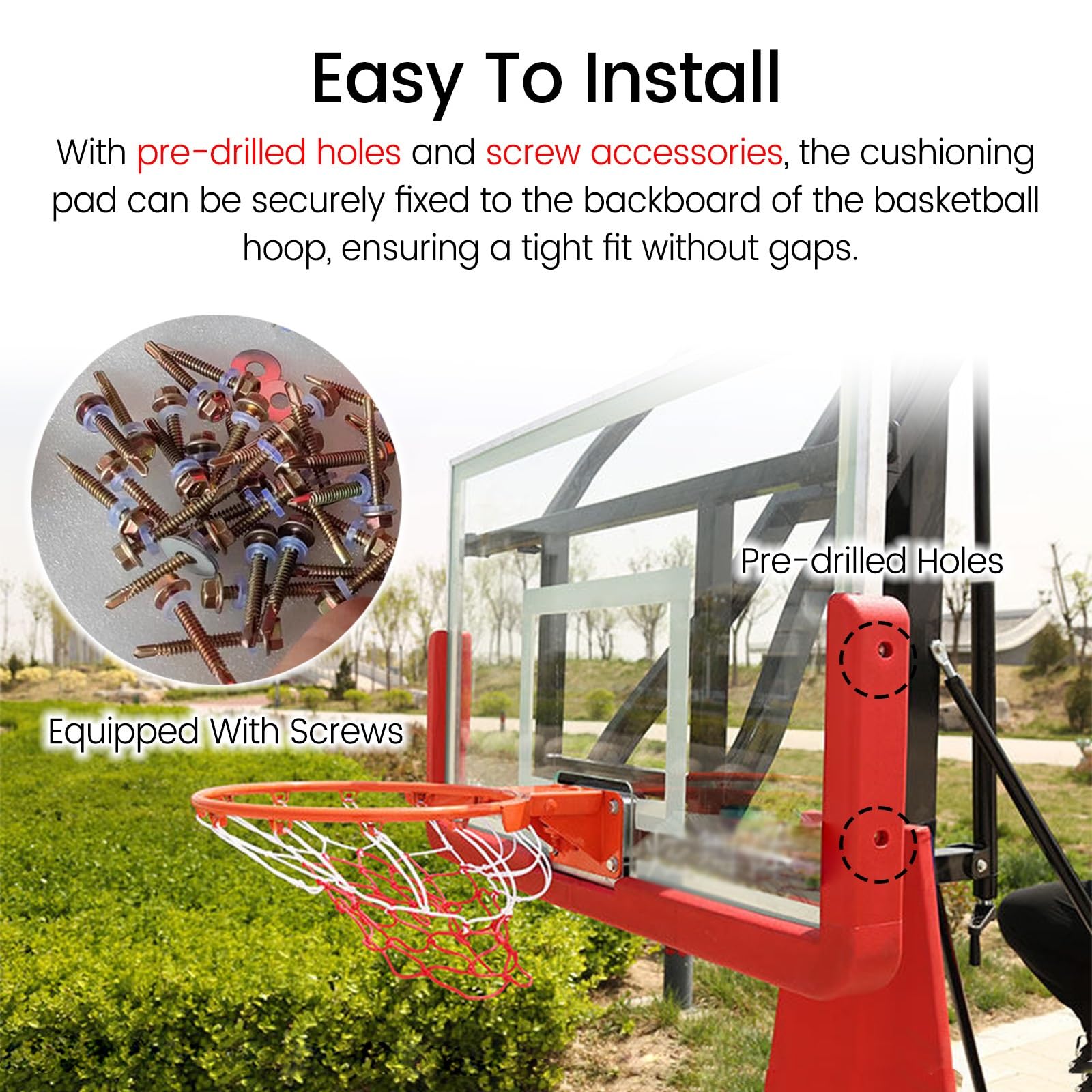 Almohadillas para tablero de baloncesto para tableros de madera, vidrio o acrílico, protector de tablero EVA de alta elasticidad con agujeros y tornillos preperforados