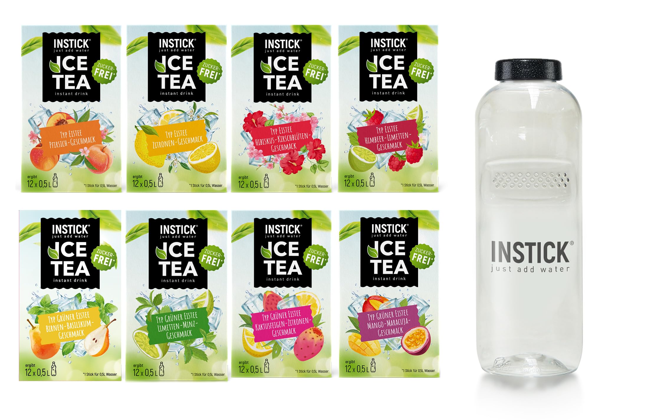 INSTICK bevanda istantanea senza zucchero (confezione tè freddo + borraccia Tritan 1L) 8x12 bustine – per 0,5–1 l – vegana, con vitamina C e a basso contenuto calorico