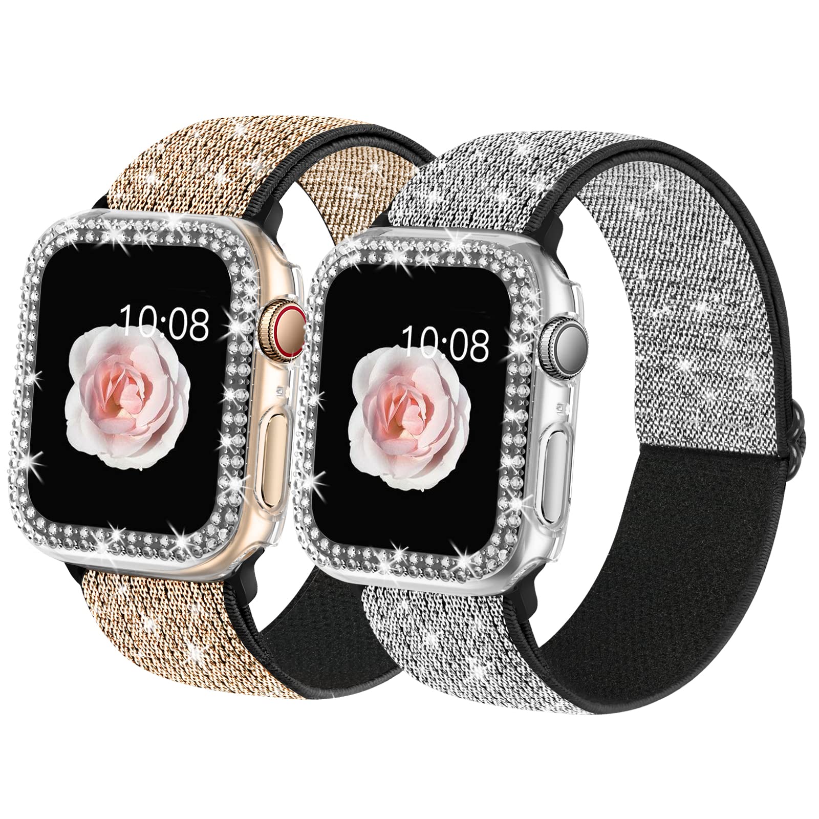 2 Pack Bling Stretchy Watch Bands Compatible with Apple Watch Band 40mm 41mm 44mm 45mm iWatch Series 9 8 7 6 5 4 SE, Adjustable Nylon Wristband with Shiny Case for Women Girls